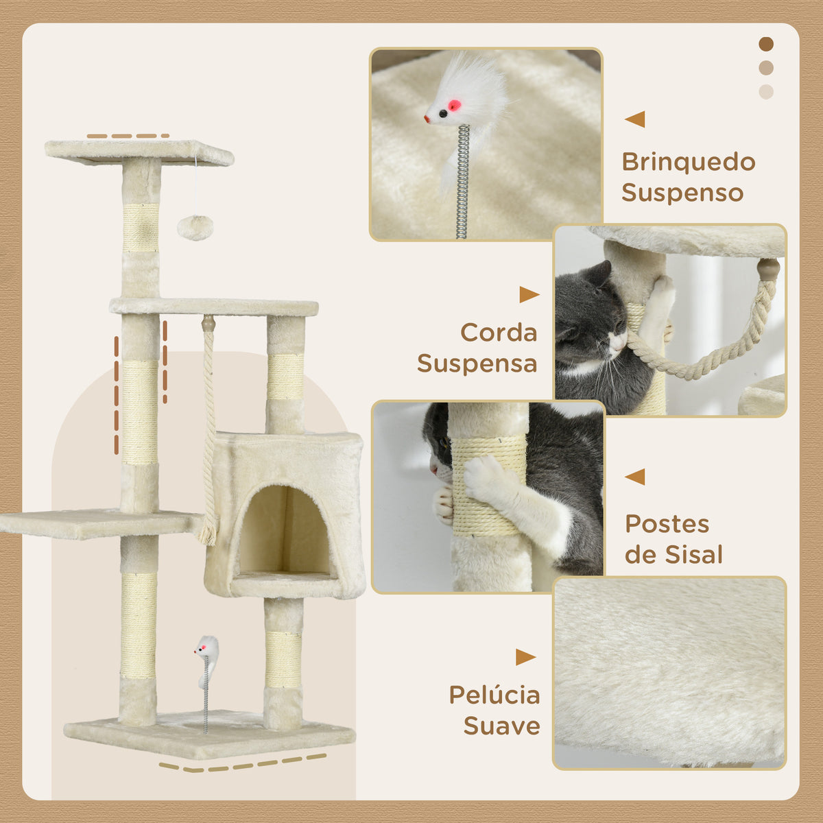 Árvore Arranhador para Gatos 112 cm com 4 Níveis Poste de Sisal Caverna Espaçosa Múltiplas Plataformas e Brinquedos Divertidos 75x40x112 cm Bege — foto 5