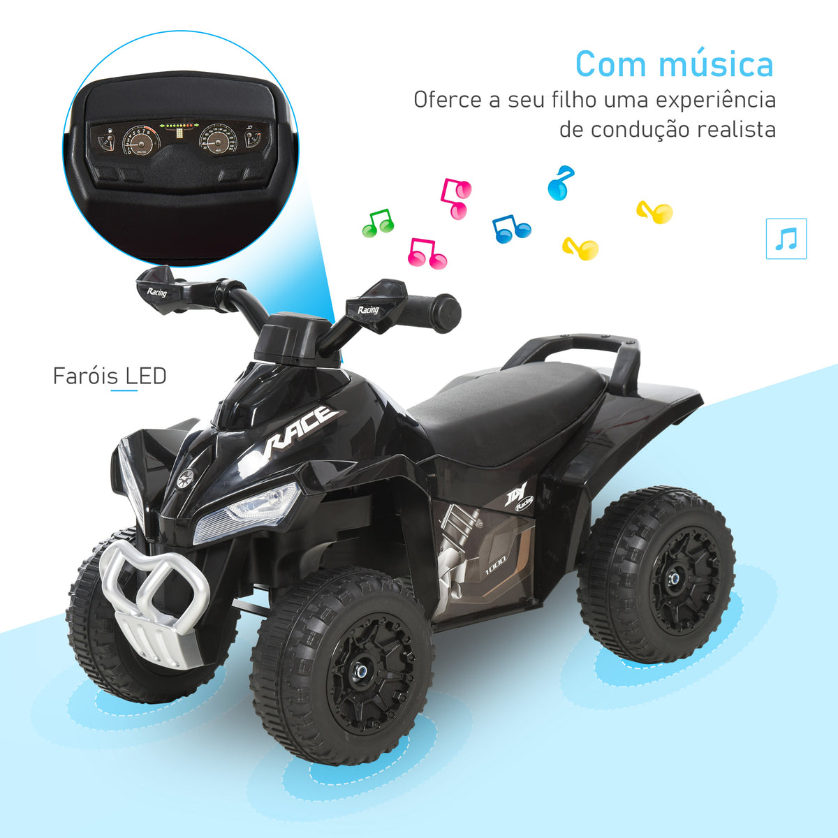 Quad Andador ATV para Crianças de 18-36 Meses com Luzes e Música, 4 Rodas, Suporta até 20 kg, 67,5x38x44 cm Preto — foto 4