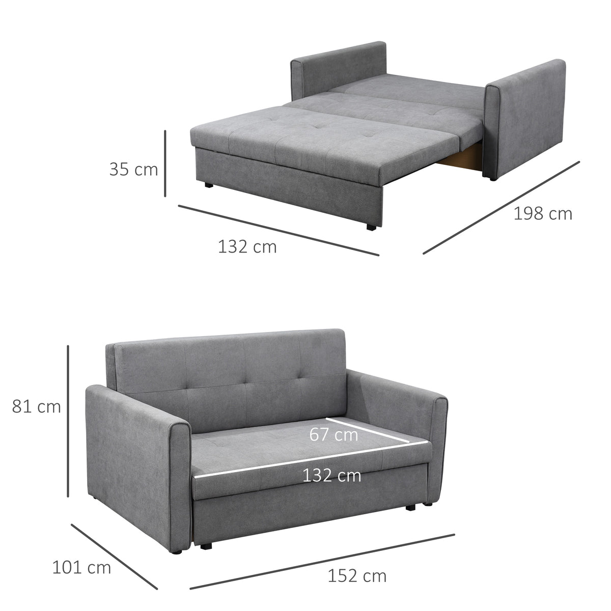 Sofá Cama de 2 Lugares Estofado em Algodão com 2 Almofadas Apoio para os Braços e Armazenamento Sofá Duplo Moderno para Sala de Estar Escritório 152x101x81cm Cinza — foto 3