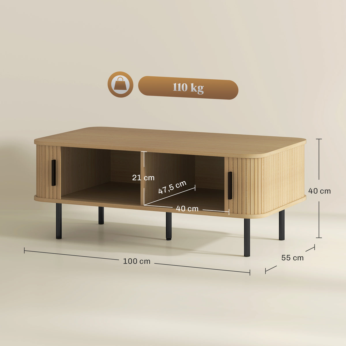 Mesa de Centro Mesa de Centro para Sala de Estar Mesa Auxiliar com 2 Portas de Correr 2 Compartimentos e Pés de Aço para Sala de Estar Quarto 100x55x40 cm Carvalho — foto 3