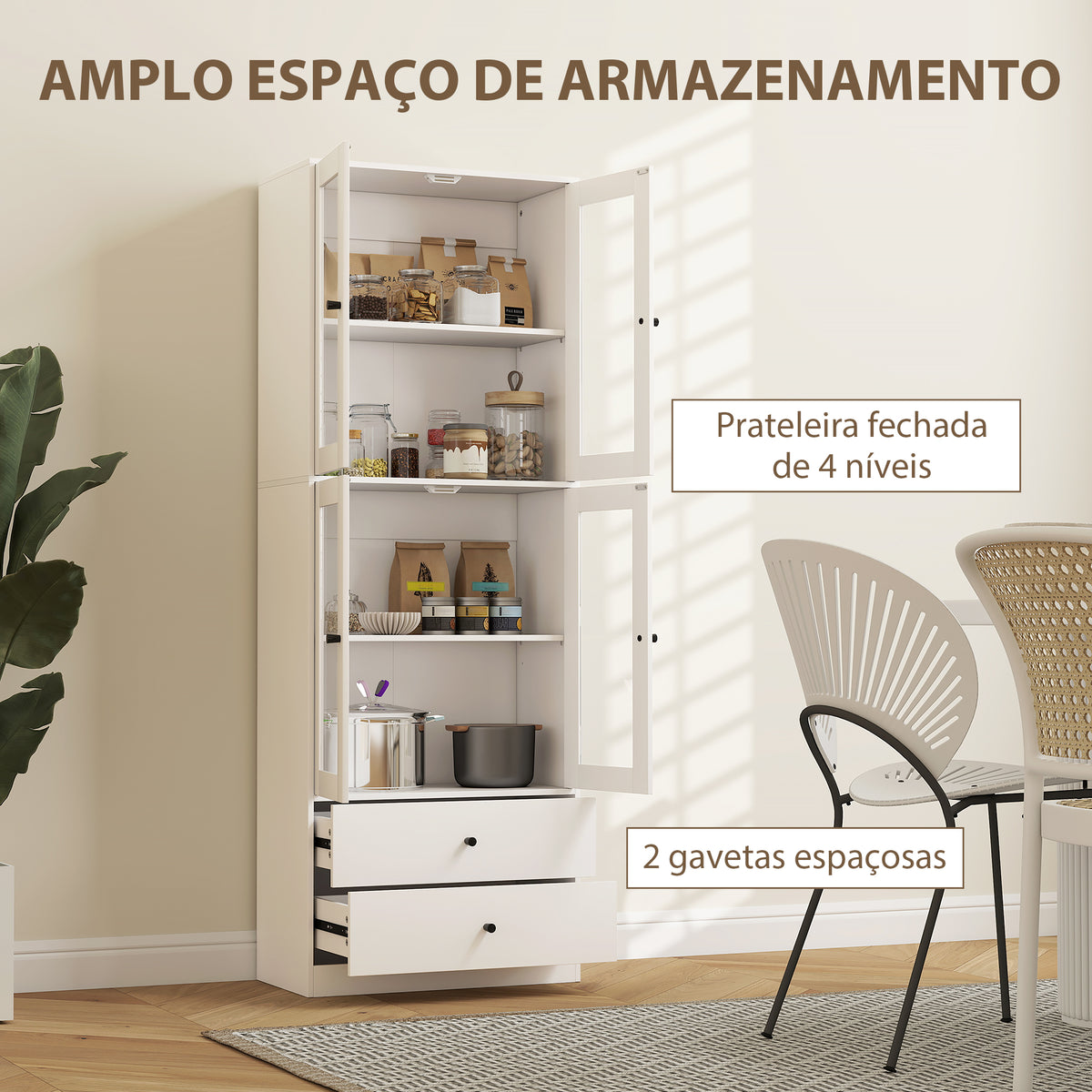 Armário de Cozinha Alto Móvel Auxiliar de Cozinha com 4 Portas de Vidro 2 Gavetas Prateleiras Ajustáveis 59x30x170 cm, Branco — foto 4