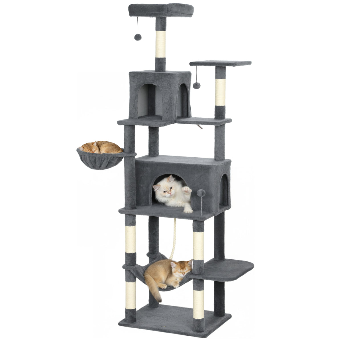 Arranhador para Gatos 202 cm Torre de Escalada com Plataformas Plataformas Caverna Postes de Sisal Bolas e Corda para Brincar Cinzento — foto 1