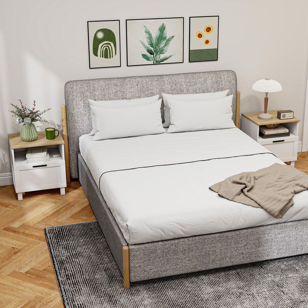 Conjunto de 2 Mesas de Cabeceira Modernas Mesas de Cabeceira com Gaveta Compartimento Aberto Pés de Madeira Mesa Auxiliar para Sala Dormitório 45x38x50 cm Branco — foto 2
