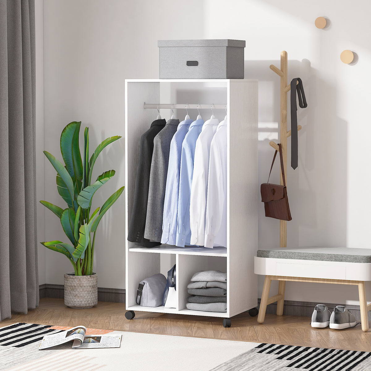 Roupeiro de Madeira Móvel Armário Roupeiro Aberto com Barra para Pendurar e Prateleiras Organizadoras para Dormitório 60x40x128cm Branco — foto 2