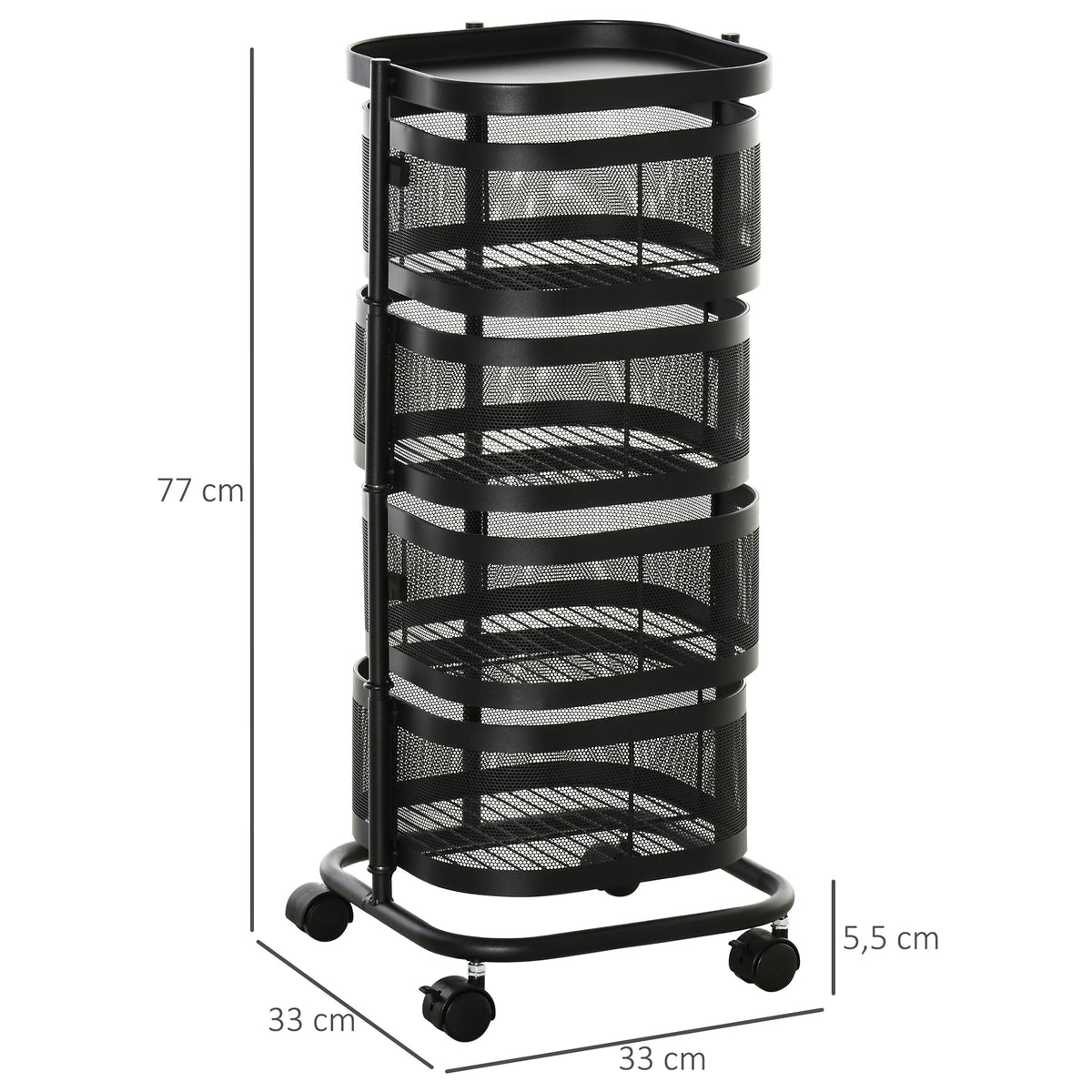 Carrinho Auxiliar com Rodas de 5 Níveis Carrinho de Cozinha com 4 Cestas de Armazenamento Rotativas a 270° e Prateleira Superior para Frutas Legumes Utensílios 33x33x77 cm Preto — foto 3