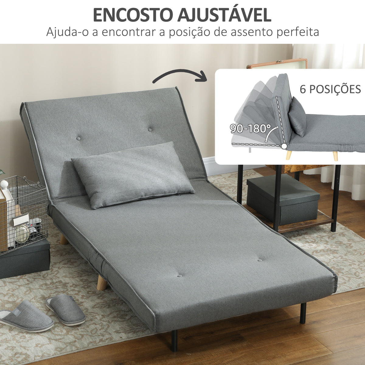 Poltrona 2 em 1 Sofá Cama Individual Dobrável com Encosto Ajustável e Almofada para Sala de Estar Dormitório Escritório Carga 125 kg 90x78x79 cm Cinza — foto 5
