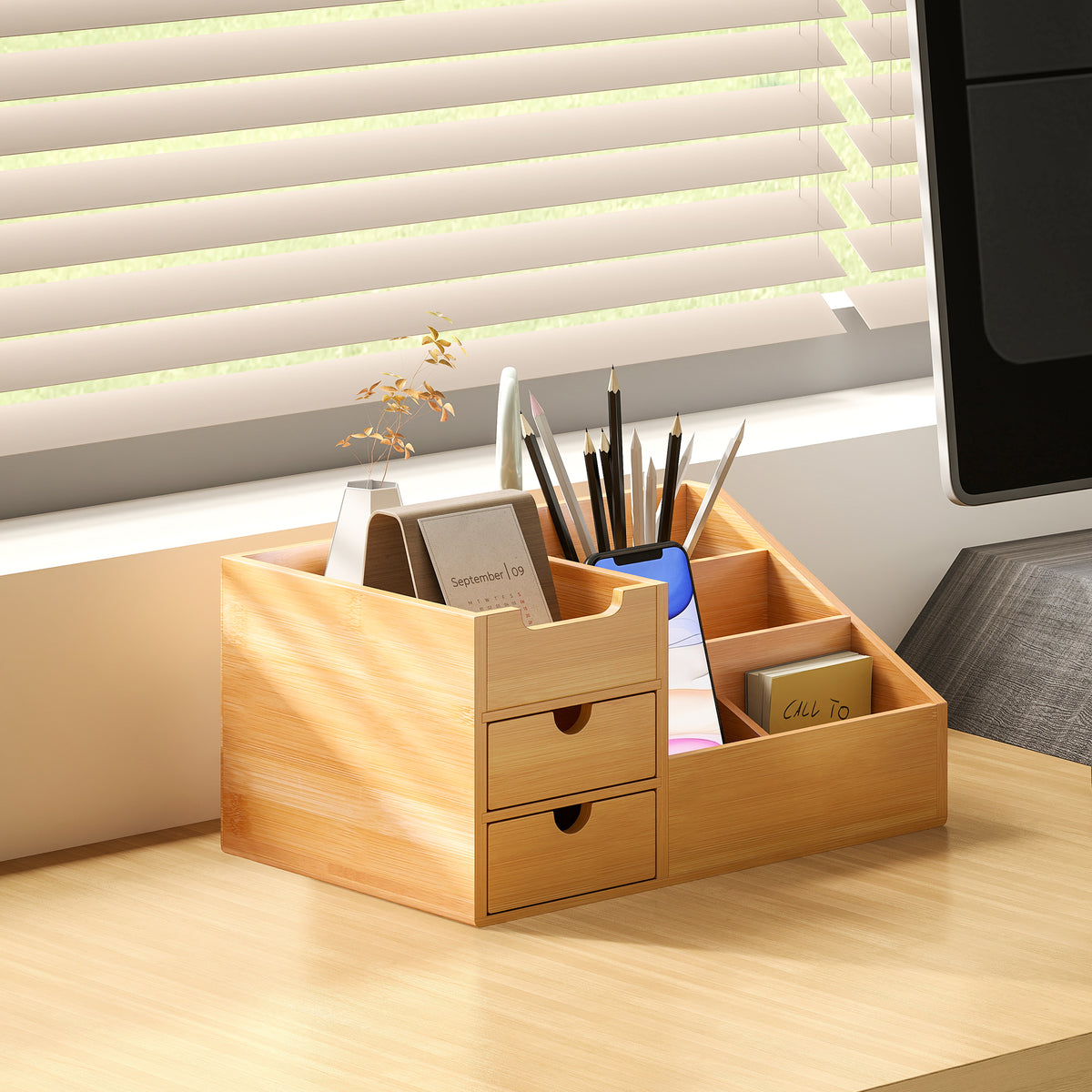 Organizador para Secretária de Bambu Organizador de Mesa de Escritório Multifuncional 33x20,5x15,5 cm Madeira — foto 2