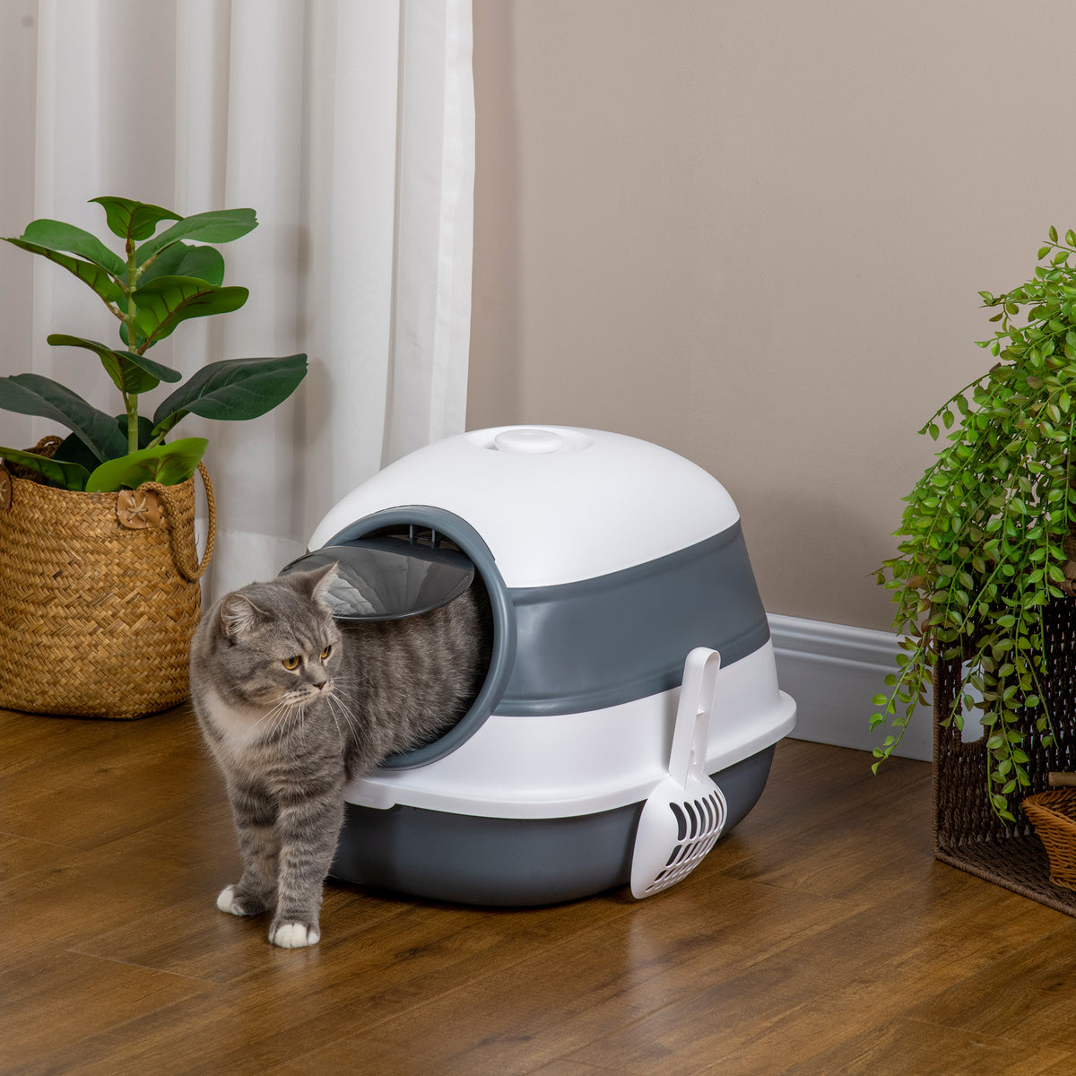 Caixa de Areia para Gatos Dobrável Caixa de Areia para Gatos Fechada Caixa de Areia para Gatos com Pá 52x41x38 cm Branco e Cinza — foto 2