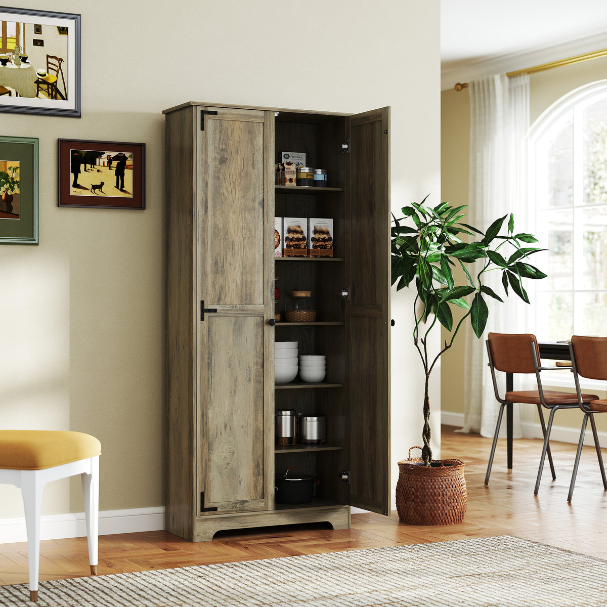 Armário de Cozinha Armário de Arrumação com 2 Portas e Prateleiras Ajustáveis para Sala de Jantar Sala de Estar 78x31,5x182 cm Marrom Acinzentado — foto 2
