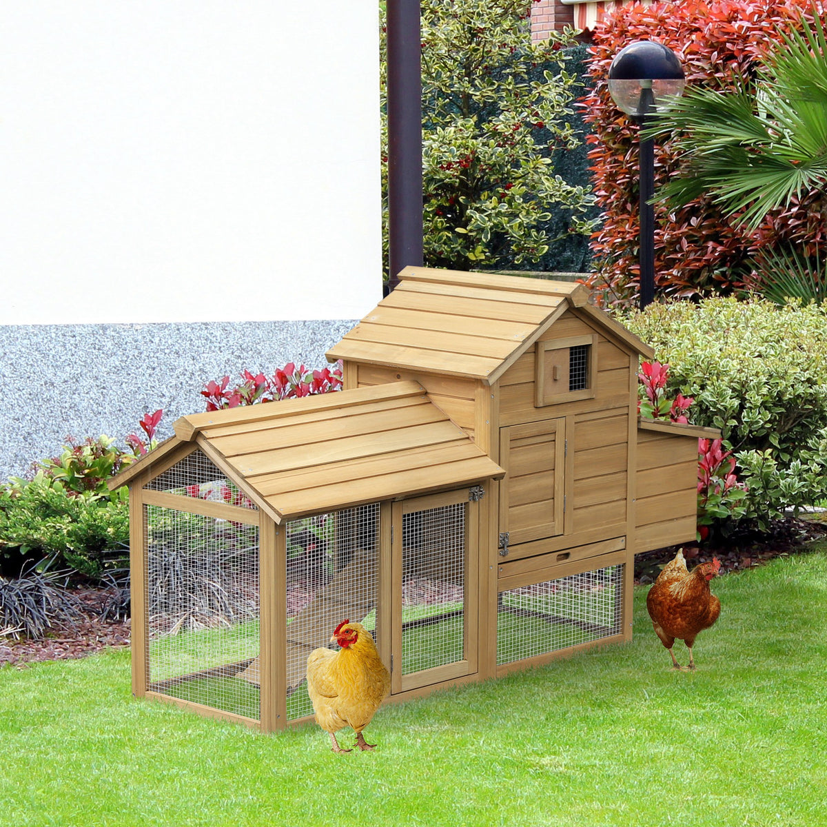 Galinheiro de Madeira para Exterior Gaiola para 2-3 Galinhas com Cercado de Arame Teto Abatível Caixa Ninho Bandeja Removível e Rampa 150,5x54x87cm Natural — foto 2
