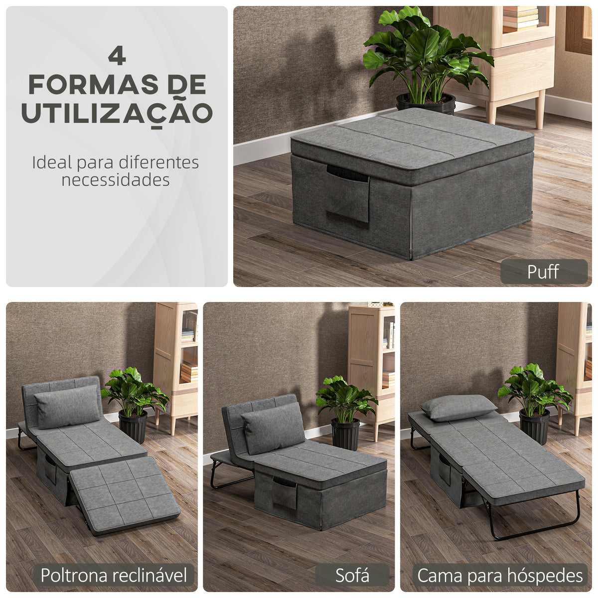 Sofá Cama 4 em 1 Poltrona Cama Desdobrável Estofado em Linho com Encosto Ajustável em 5 Níveis e Almofada Acolchoada para Escritório, Quarto Sala 75x80x74 cm Cinza — foto 4