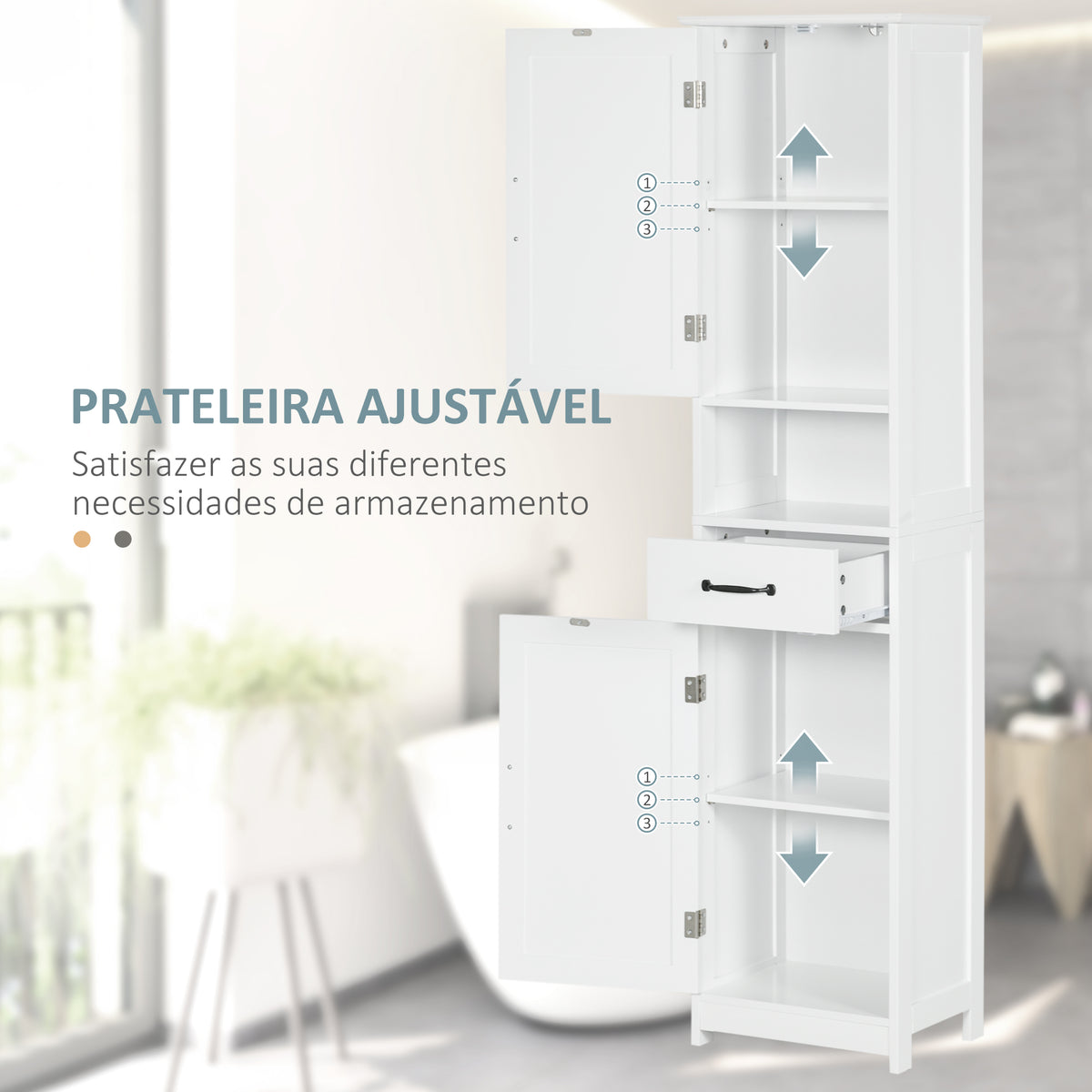 Coluna de Casa de Banho Móvel Auxiliar de Casa de Banho com 2 Portas 1 Gaveta Prateleira Aberta e Prateleiras Ajustáveis 40x30x164 cm Branco — foto 5