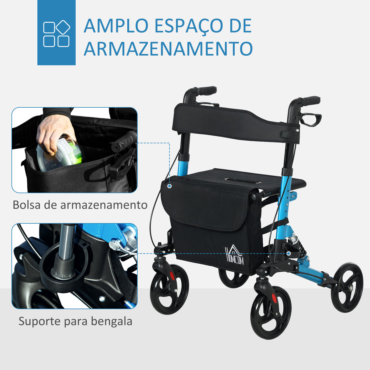 Andarilho Idosos Dobrável de Alumínio Andador para Pessoas Maiores com Assento e 4 Rodas Andarrilho com Altura Ajustável Travão e Bolsa de Transporte 66x65x80-93 cm Preto e Azul — foto 5