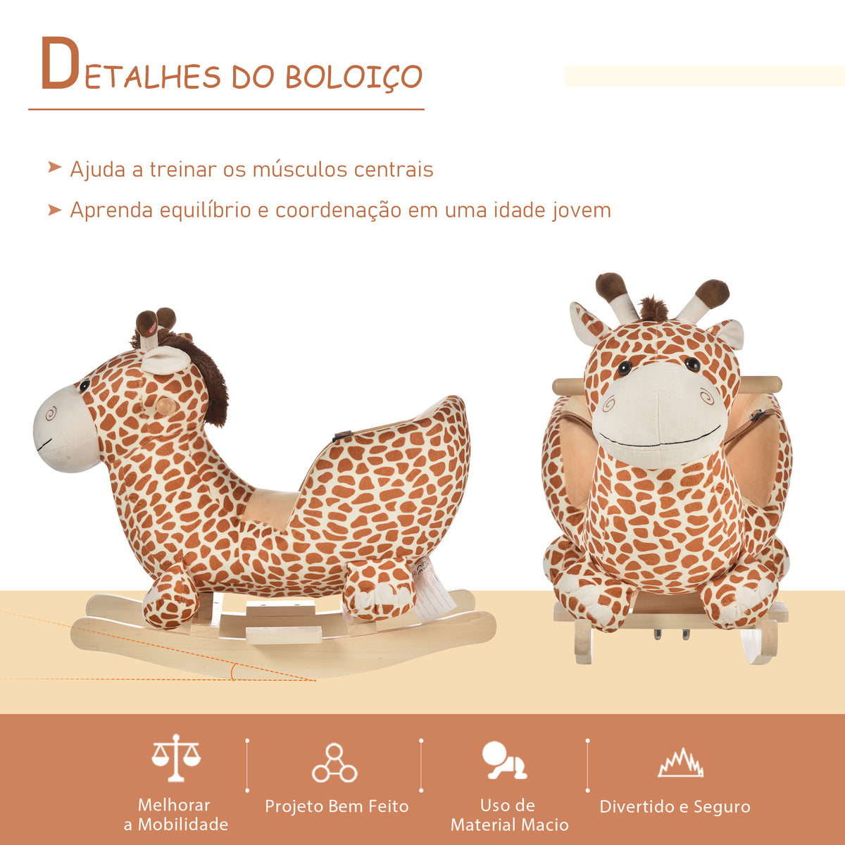 Baloiço para Crianças acima de18 Meses Baloiço de Pelúcia em Madeira com 32 Canções Cinturão de Segurança Girafa de Pelúcia 60x33x45 cm Marrom Claro — foto 5