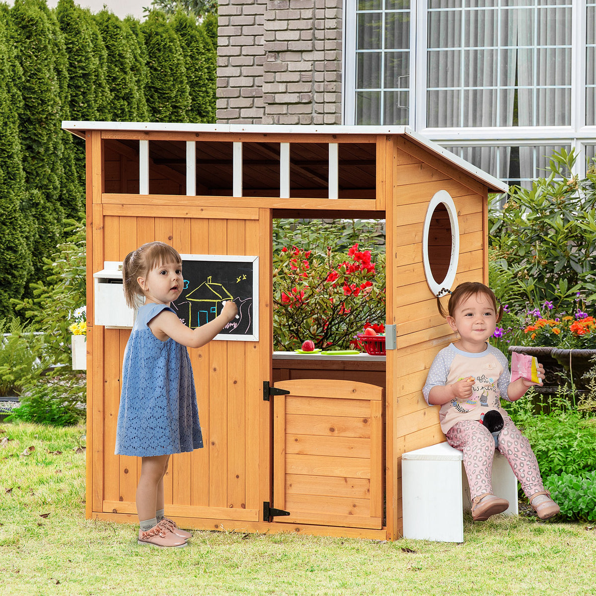 Casa Infantil de Madeira Casa de Brincar para Crianças acima de 3 Anos com Banco Caixa de Correio Lousa Janelas e Portas para Exterior 122x108x135,5cm Natural — foto 2