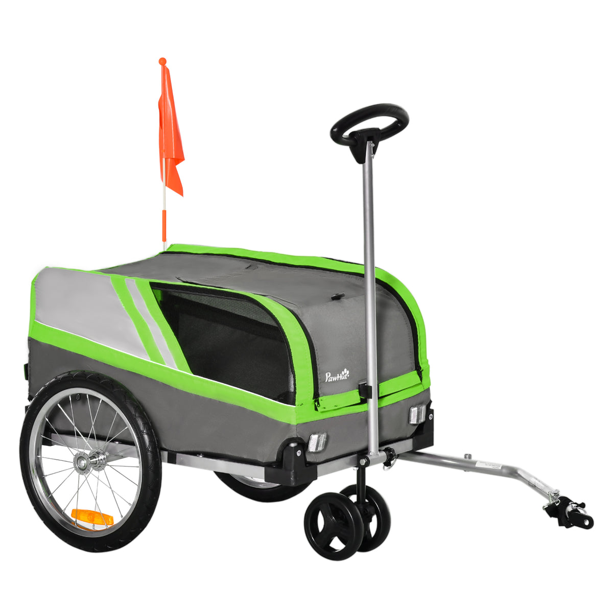 Reboque de Bicicleta para Cães 2 em 1 Carrinho para Animais de Estimação com Porta Enrolável Cinto de Segurança Bandeira e Refletores 130x64x92cm Verde e Cinza — foto 1