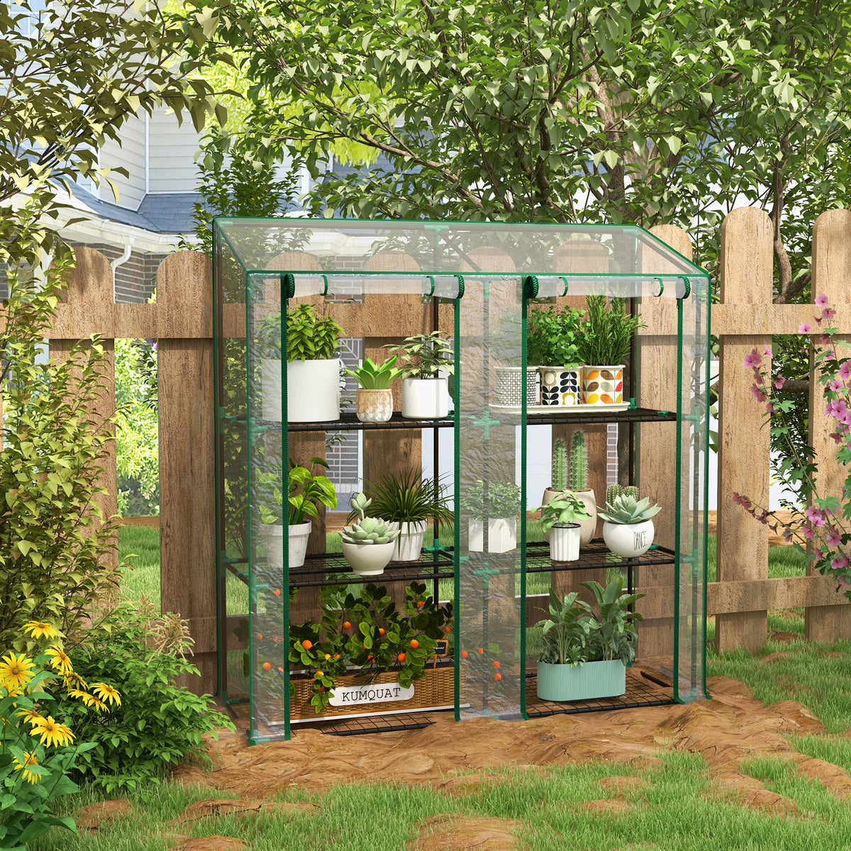 Estufa de Jardim de 3 Níveis Estufa de Terraço com Prateleiras Teto Inclinado e 2 Portas com Fecho de Correr para Cultivo de Plantas em Pátio 143x46x141/151 cm Transparente — foto 2