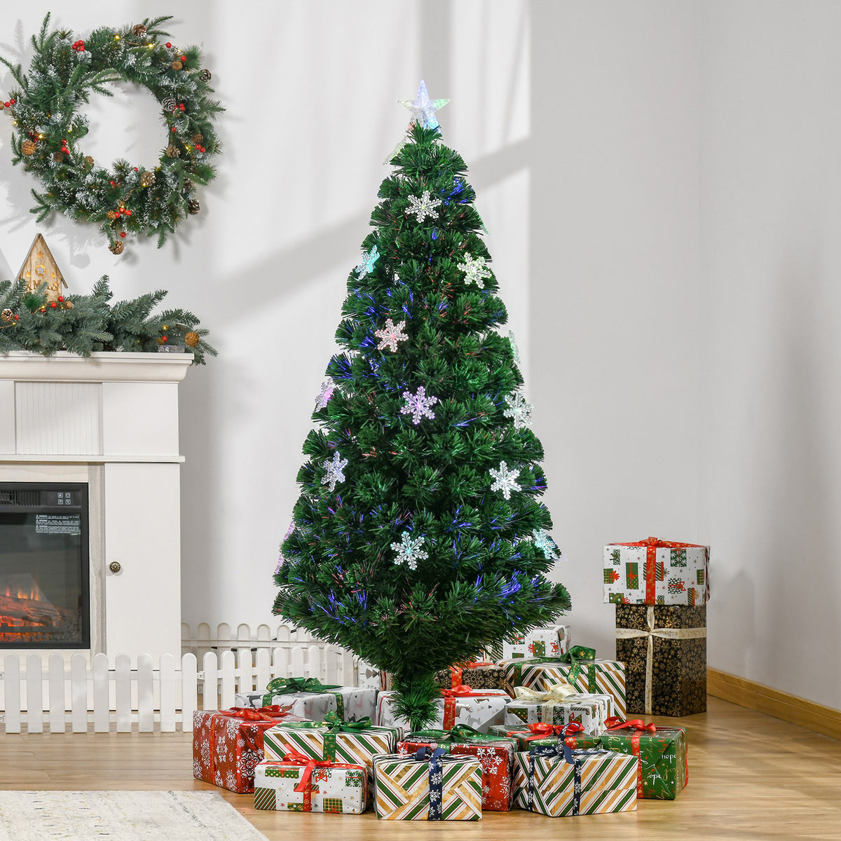Árvore de Natal Artificial 150 cm Árvore de Natal com 180 Ramos 21 Luzes LED e Fibra Óptica Decoração de Natal Ø60x150 cm Verde — foto 2
