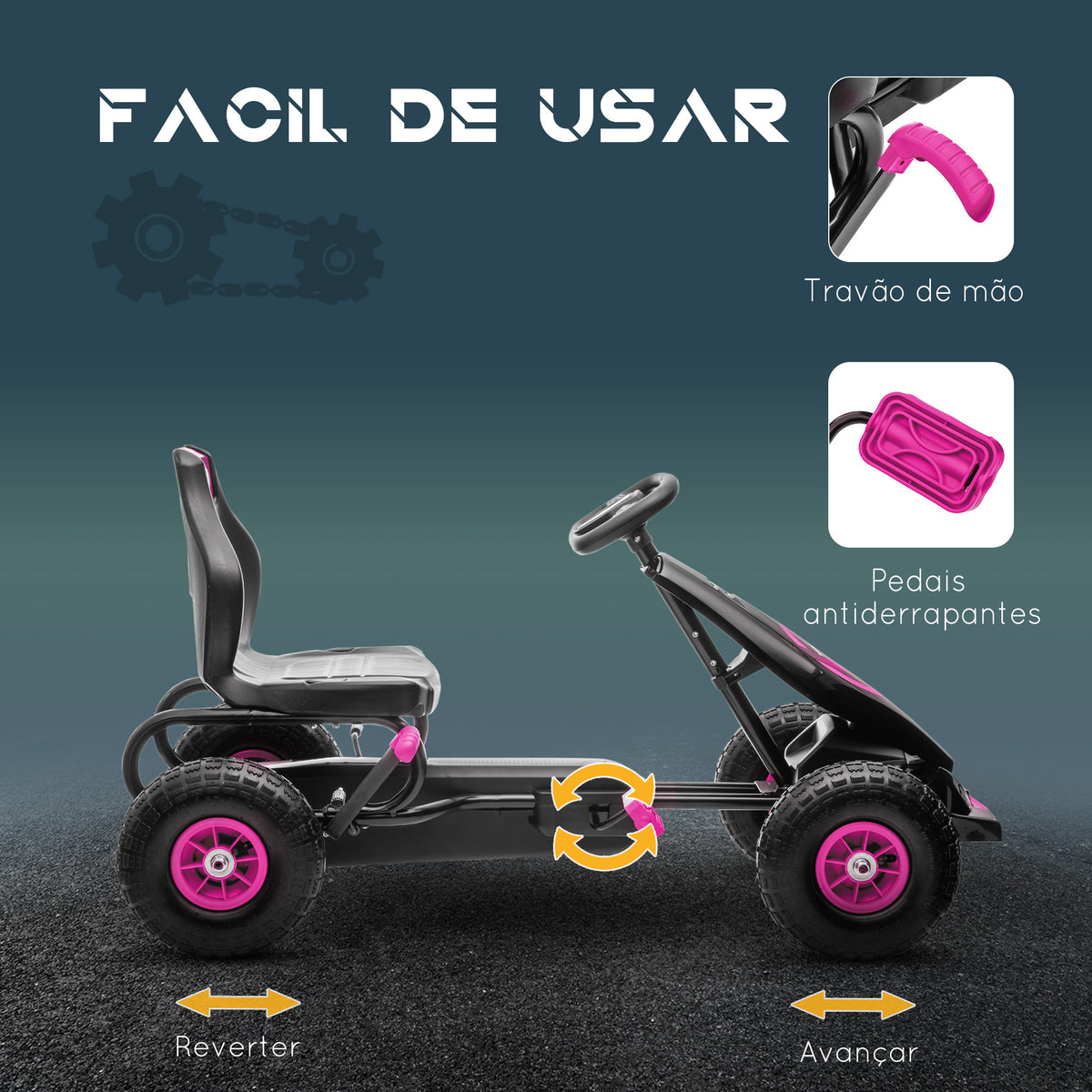 Kart a Pedais para Crianças 5-12 Anos Kart a Pedais Infantil com Assento Ajustável Pneus Insufláveis Amortecimento e Travão de Mão Carga Máx. 50kg 121x58x61 cm Rosa — foto 5