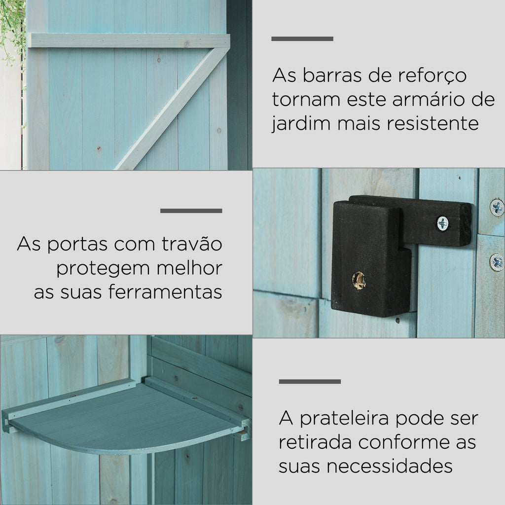 Armário de Jardim de Madeira 77x54,2x179 cm 0,3 m² Armário de Armazenamento de Ferramentas com 3 Prateleiras e 2 Portas com Fechadura para Pátio Varanda Azul Claro — foto 5