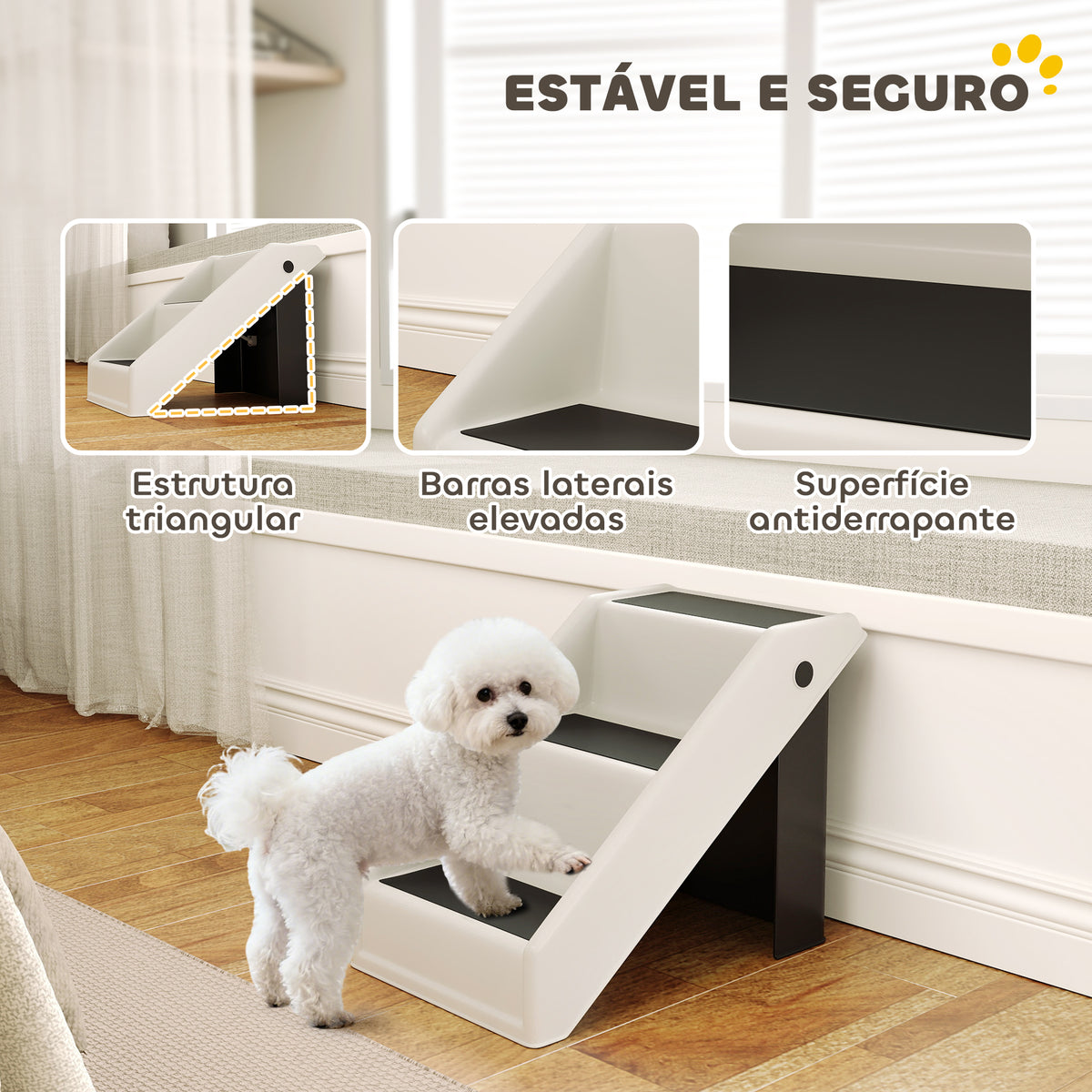 Escada Dobrável para Cães de 3 Degraus Portátil para Animais Mais Velhos Cães Pequenos Gatos para Cama Sofá 53x30,5x36,5 cm Creme — foto 4