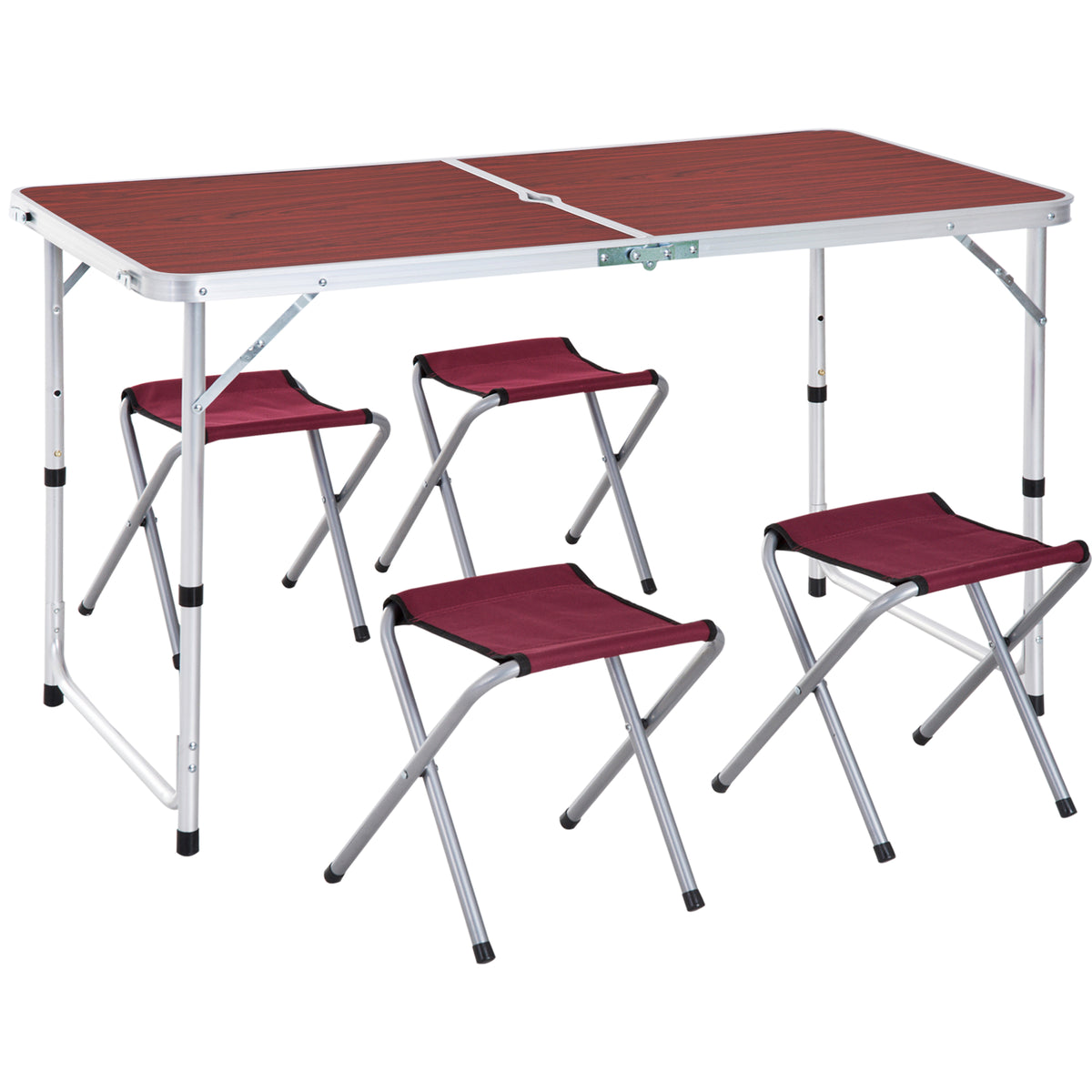 Mesa Maleta de Alumínio com 4 Bancos Conjunto para Acampamento Dobrável Portátil com Altura Ajustável Jardim Terraço 120x60x69cm Marrom e Vermelho — foto 1