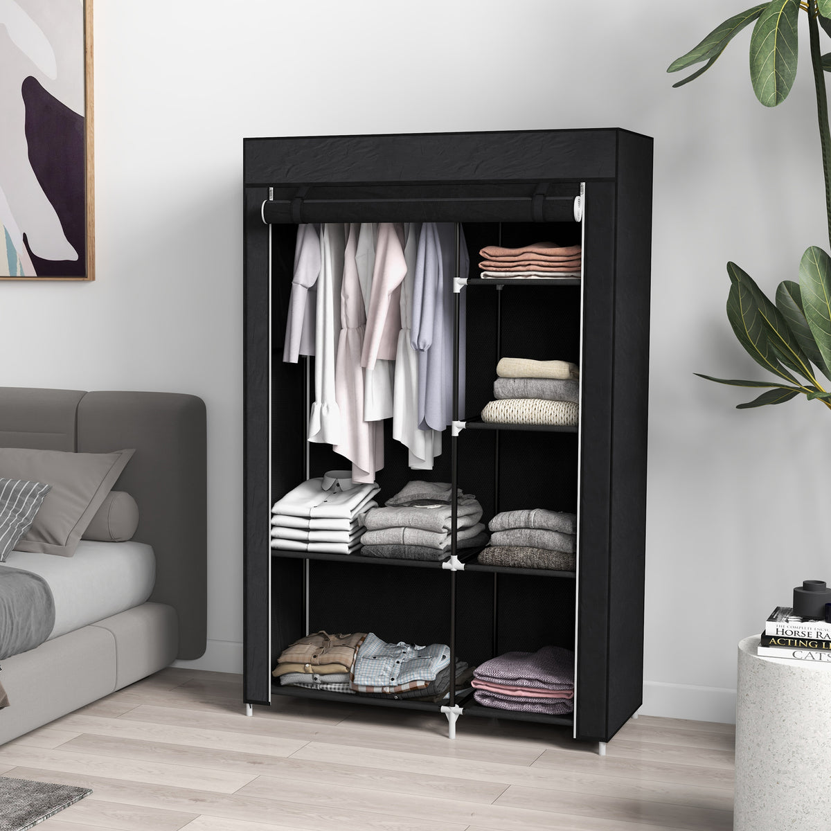 Roupeiro de Tecido Dobrável Armário de Roupa Portátil com 6 Prateleiras e 1 Barra de Pendurar para Dormitório Vestidor 103x43x162,5 cm Preto — foto 2