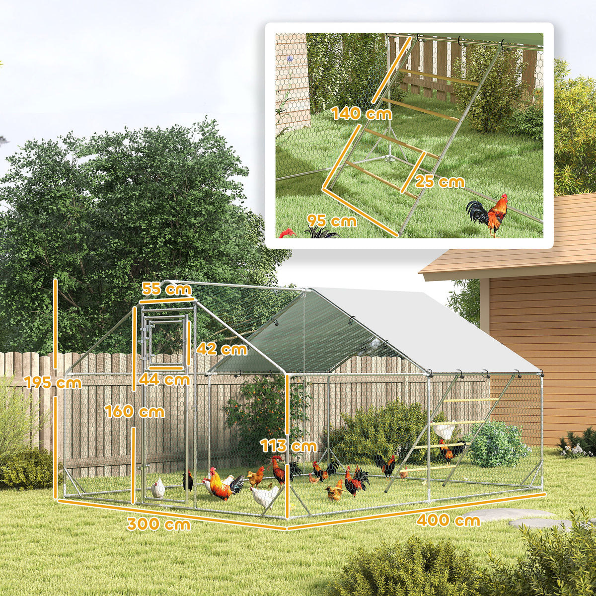 Galinheiro para Exterior 3x4 m Galinheiro de Aço Galvanizado com Comedouro Suspenso Tipo Espeto Poleiro Cobertura Anti-UV e Impermeável para Coelhos Patos Gansos Prata — foto 3
