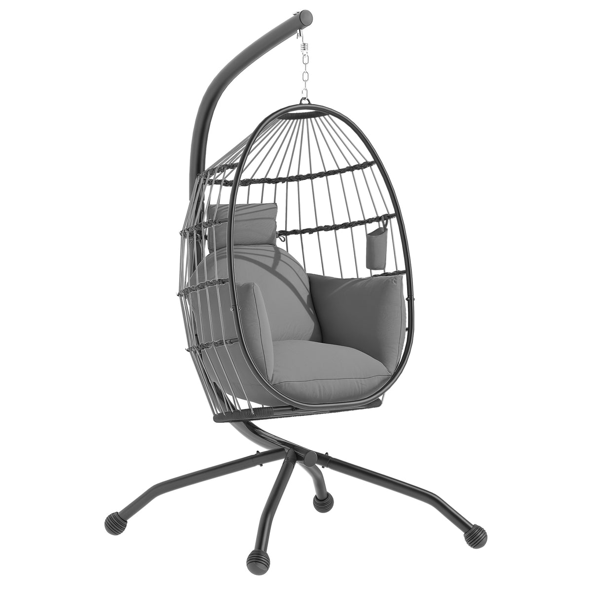Cadeira Suspensa com Suporte Cadeira Baloiço de Jardim com Cesto Dobrável Almofada e Apoio para a Cabeça Cadeirão Suspenso para Interior e Exterior Carga 120 kg 120x88x192 cm Cinzento — foto 1