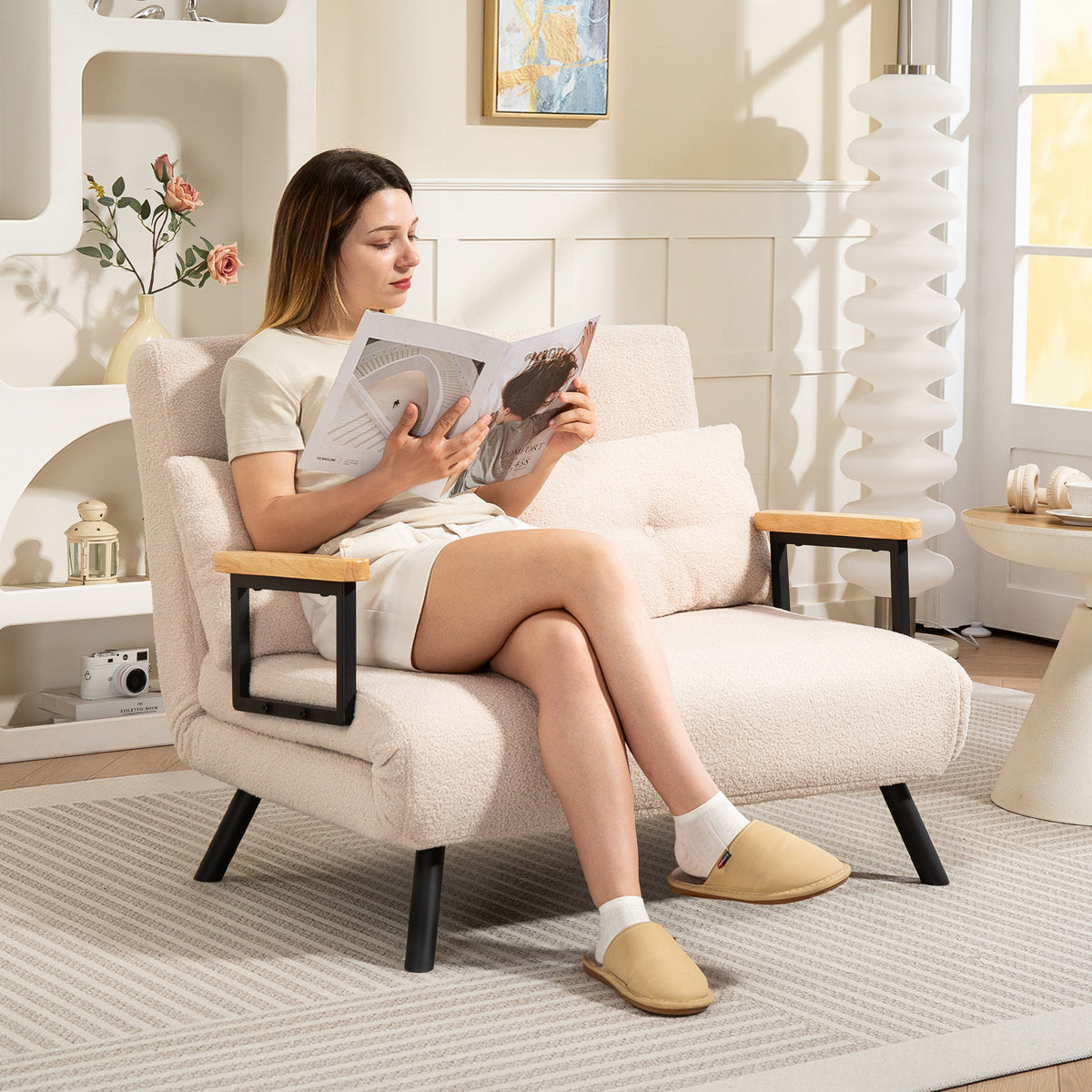 Sofá Cama Sofá Convertível em Cama de 2 Lugares Dobrável com Encosto Ajustável em 5 Níveis e 2 Almofadas Acolchoadas para Escritório Dormitório Sala de Estar 102x73x81 cm Bege - Modelo 1 — foto 2