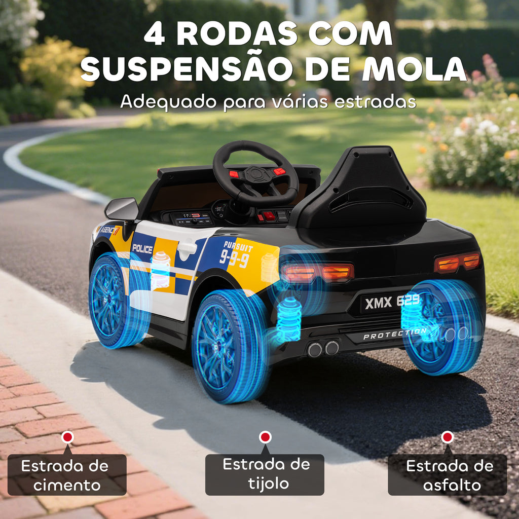 Carro Elétrico Infantil Modelo Policial 12V com Comando a Distância 2,4 Luzes Sirene Música USB e Suspensão 96x60x45 cm Multicor — foto 6