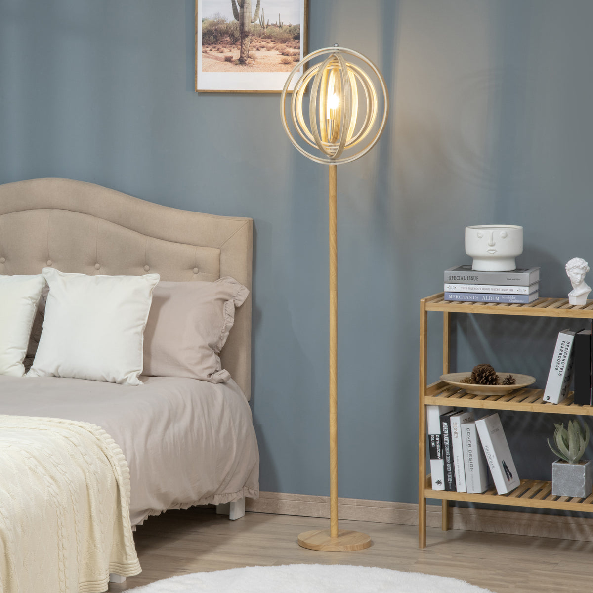 Candeeiro de Pé com Ecrã Giratório de 360° Interruptor de Pé LED E27 Máx. 40W Base de Madeira Candeeiro de Pé para Sala de Estar Dormitório Estúdio 38x38x160cm Natural — foto 2