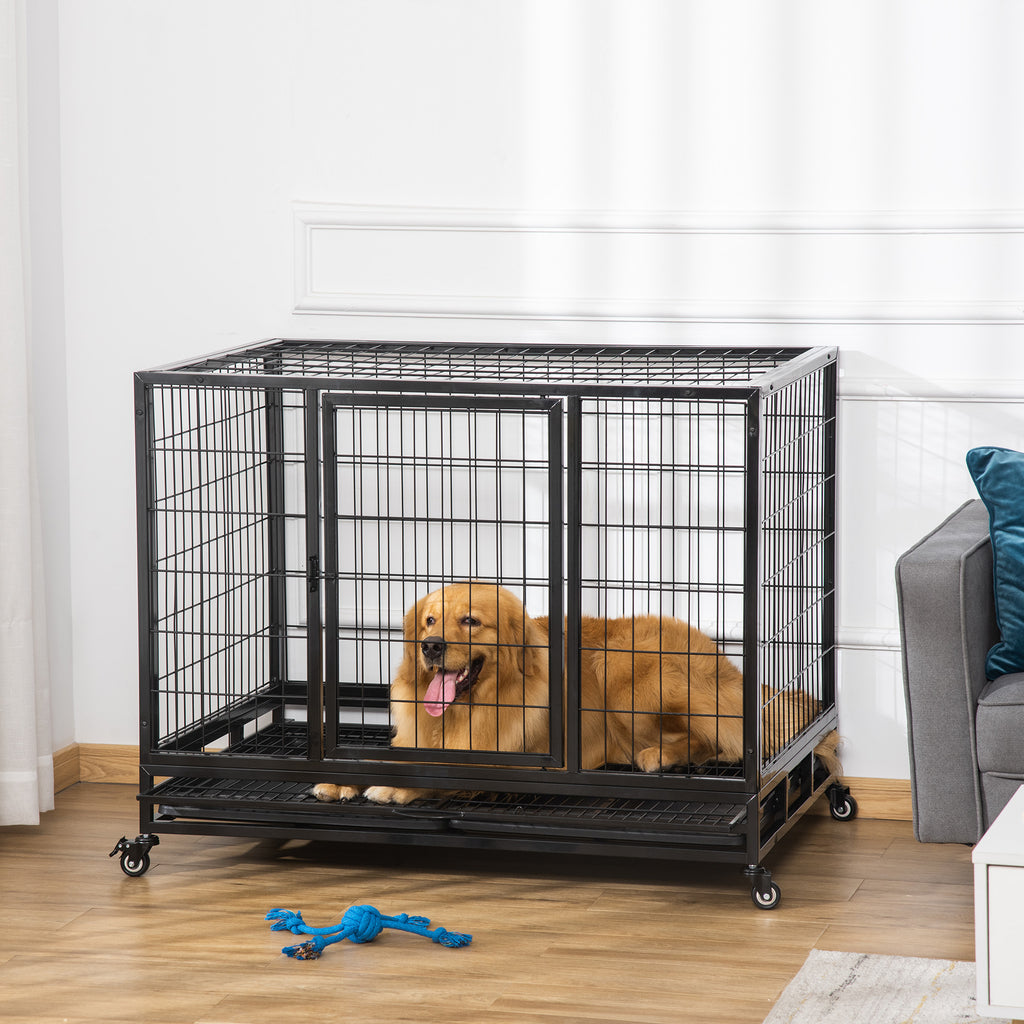 Gaiola de Metal para Cães com Rodas e Freios Bandeja Removível e Porta com Trava para Golden Retriver Labrador 109x76x87cm Preto — foto 2