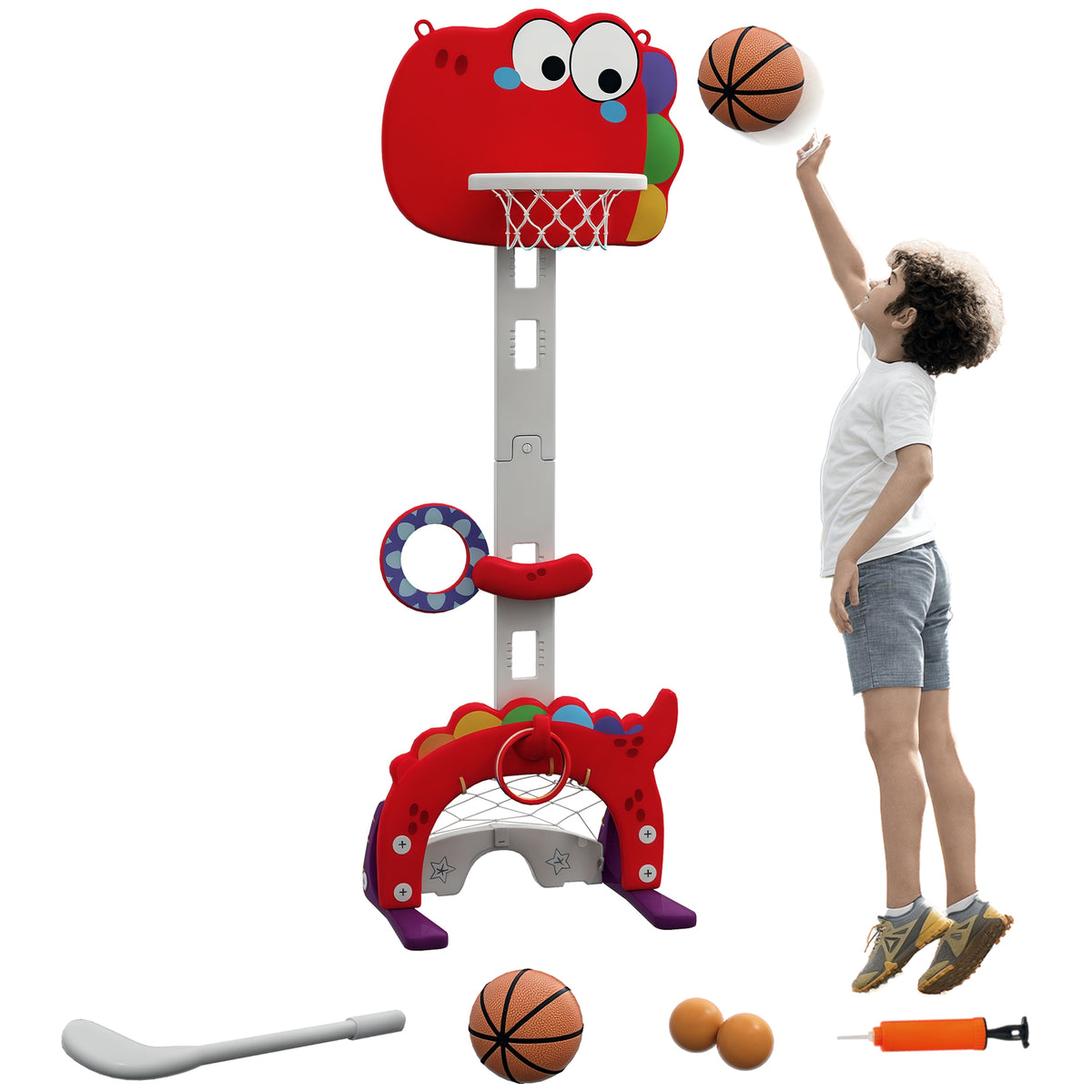 Tabela de Basquetebol Infantil 5 em 1 Tabela de Bssquetebol para Crianças com Altura Ajustável Futebol Golf Aros Jogo de Lançamento de Bola Interior 46x51x134-152 cm Vermelho — foto 1