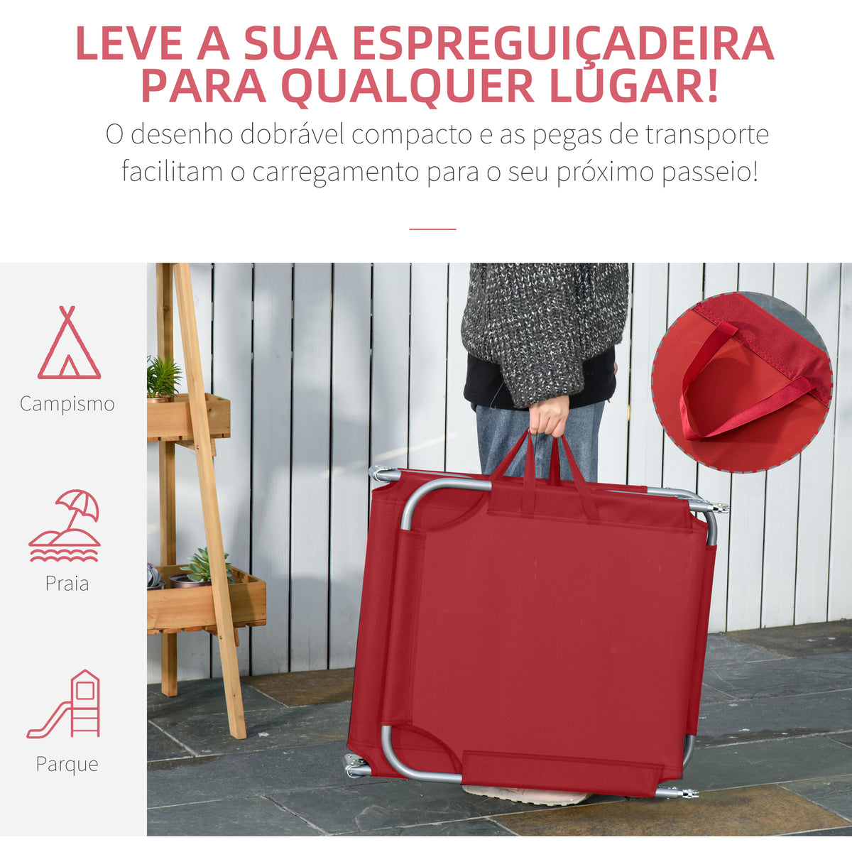 Espreguiçadeira Dobrável Espreguiçadeira de Jardim com Encosto Ajustável em 5 Posições Peso Máximo 120 kg para Terraço Piscina Praia 187x55x24 cm Vermelho — foto 5