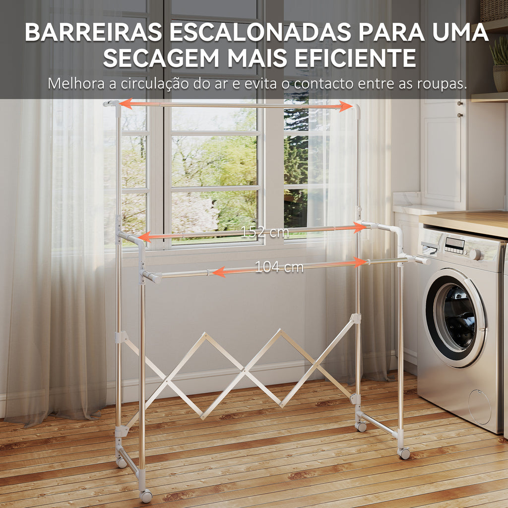 Estendal Vertical Dobrável de 3 Níveis Estendal de Aço Inoxidável com 3 Barras Ajustáveis e Extensíveis 4 Rodas para Interior 104-150x103x145-197 cm Prateado — foto 4