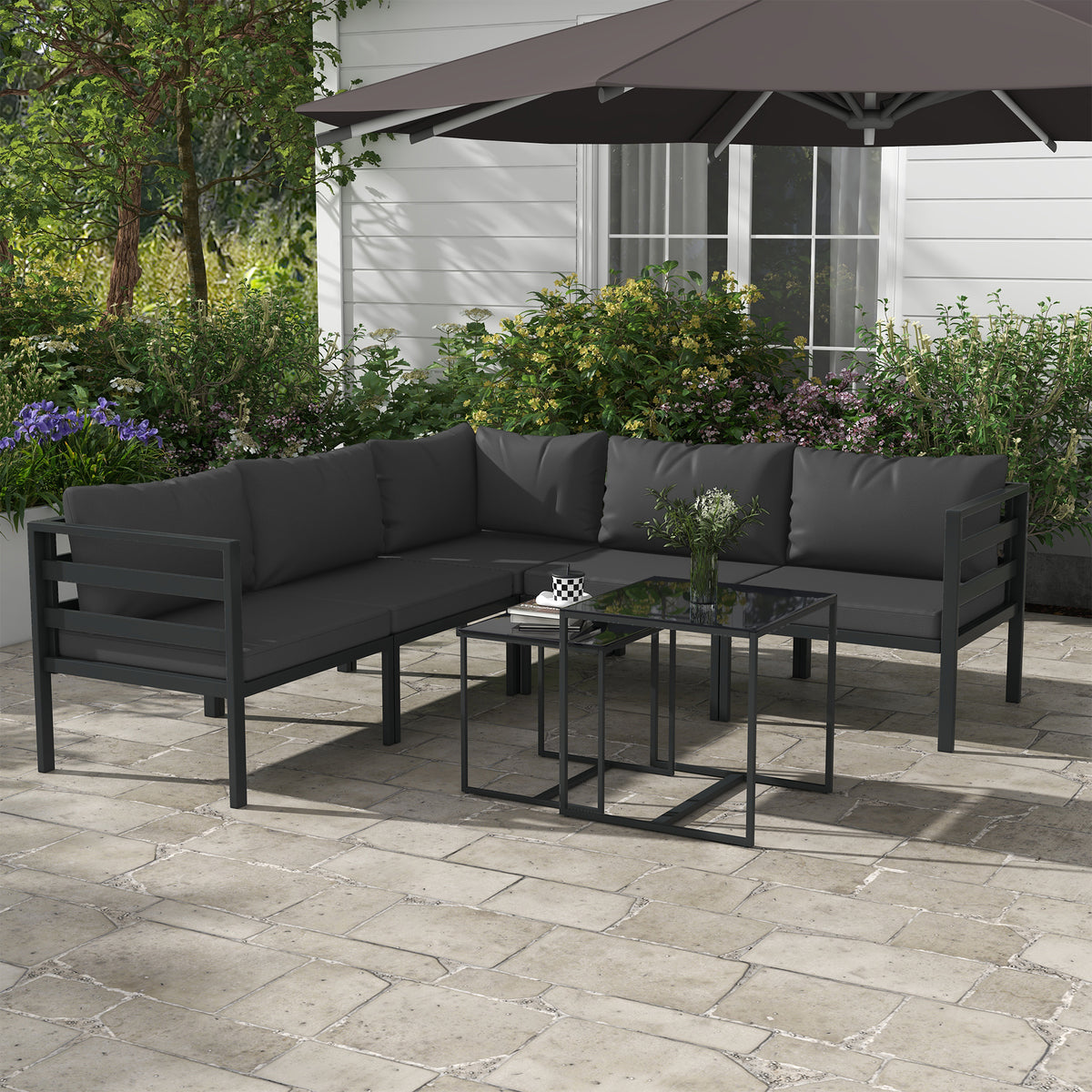 Conjunto de Móveis de Jardim 7 Peças Conjunto de Móveis de Terraço Inclui 4 Sofás de Exterior 1 Sofá de Canto e 2 Mesas de Centro com Almofadas para Pátio Cinza — foto 2