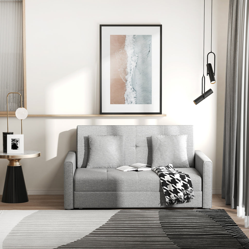 Sofá Cama de 2 Lugares Estofado em Algodão com 2 Almofadas Apoio para os Braços e Armazenamento Sofá Duplo Moderno para Sala de Estar Escritório 152x101x81cm Cinza — foto 2
