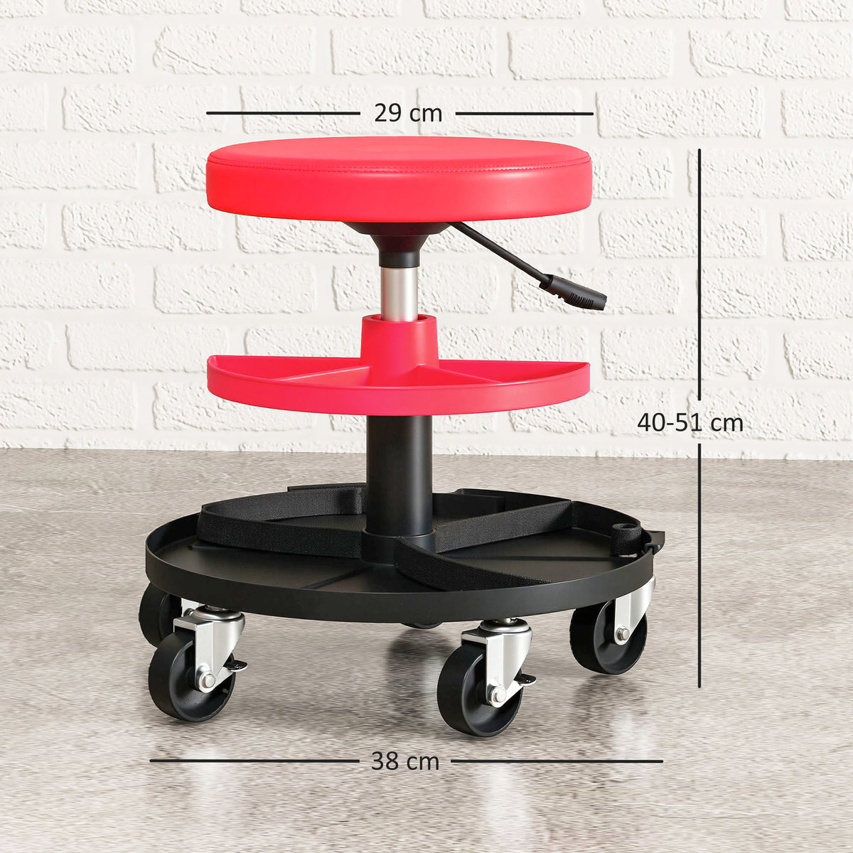 Banco de Oficina Giratório com Rodas Altura Ajustável de 40-51 cm Assento de Banco para Mecânico com 2 Bandejas para Ferramentas, Carga 135 kg para Garagem ou Reparação de Automóveis Vermelho — foto 3