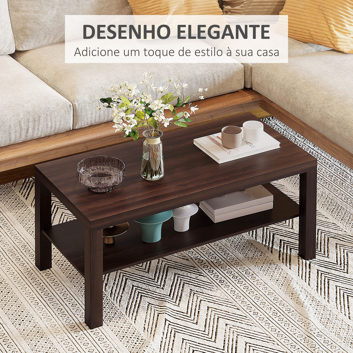Mesa de Centro Mesa Auxiliar de 2 Níveis para Sala de Estar Escritório 90x45x45,5cm Nogueira — foto 4