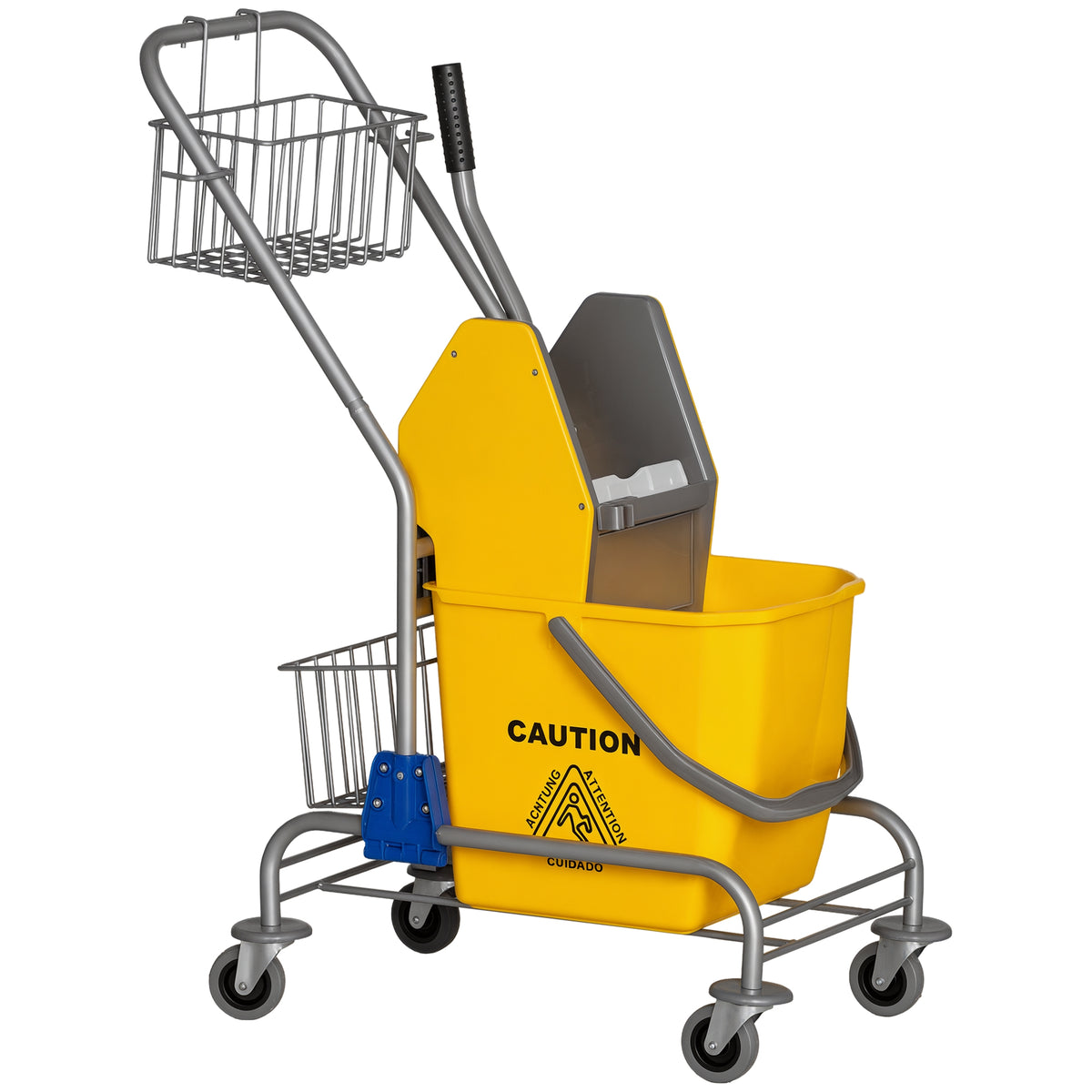 Carro de Limpeza Balde para Esfregona com Escorredor a Pressão Rodas e Cesto de Armazenamento Capacidade 26L 73x45x95 cm Amarelo — foto 1