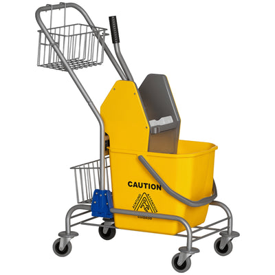Carrello per Pulizie Secchio per Mocio con Strizzatore a Pressione Ruote e Cestino Portaoggetti Capacità 26L 73x45x95 cm Giallo