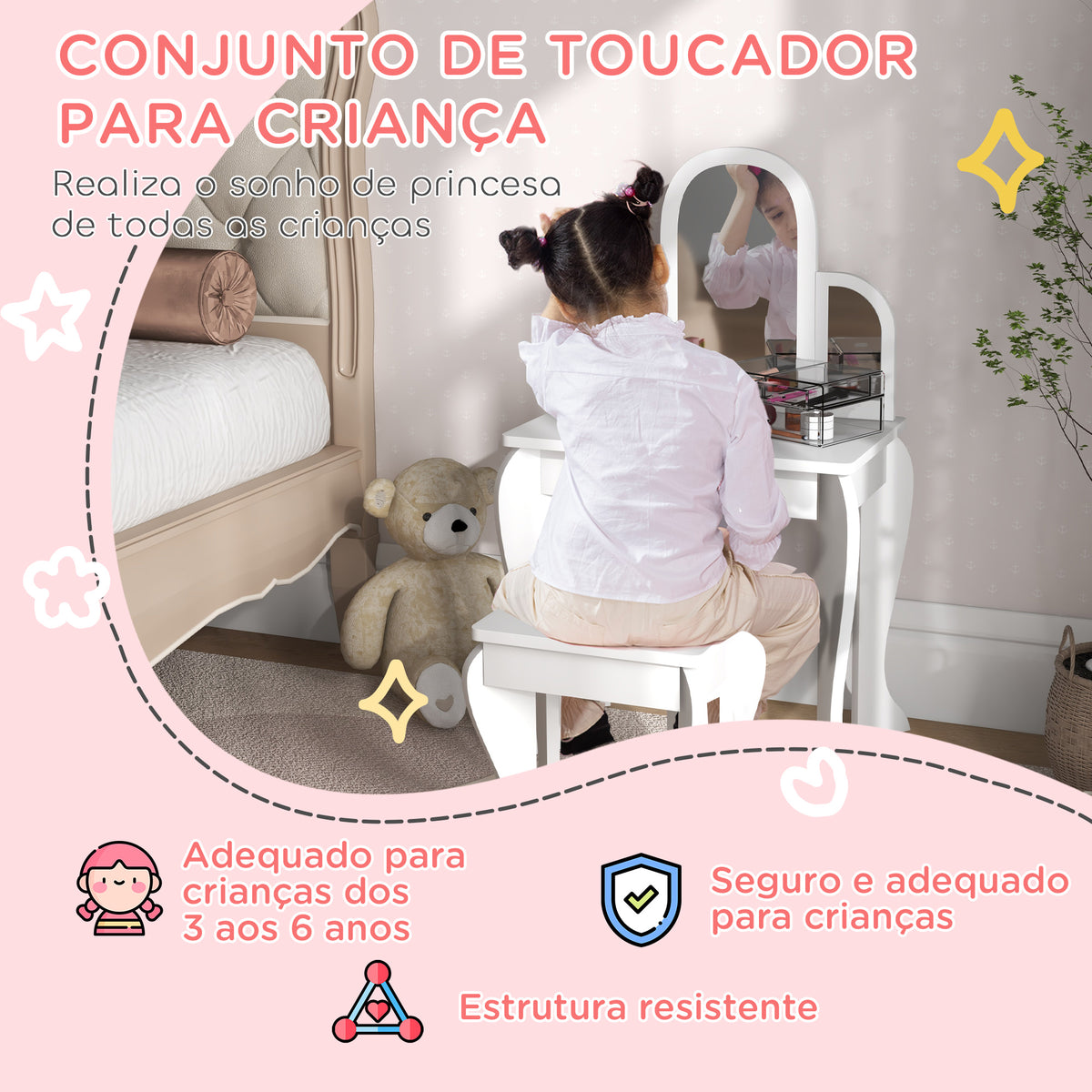 Toucador para Crianças com Espelho e Banco Toucador de Maquilhagem para Crianças de 3 a 6 Anos Toucador Infantil de Madeira com Gaveta 52x32x85 cm Branco — foto 4