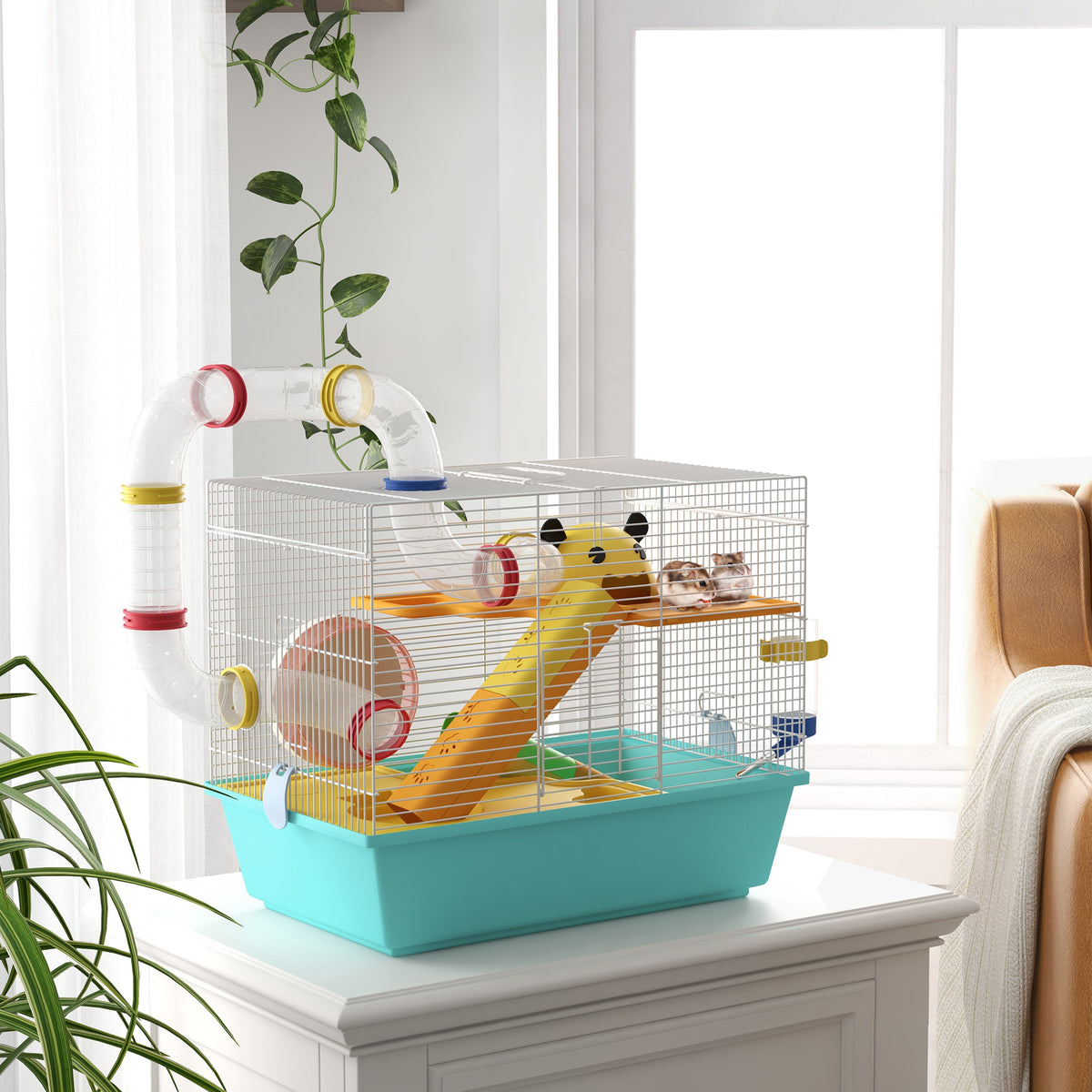Gaiola para Hamsters Gaiola para Animais Pequenos com Túnel Plataformas Comedouro Bebedouro Casinha Rampas e Roda de Exercício 45x28x37 cm Azul Claro — foto 2
