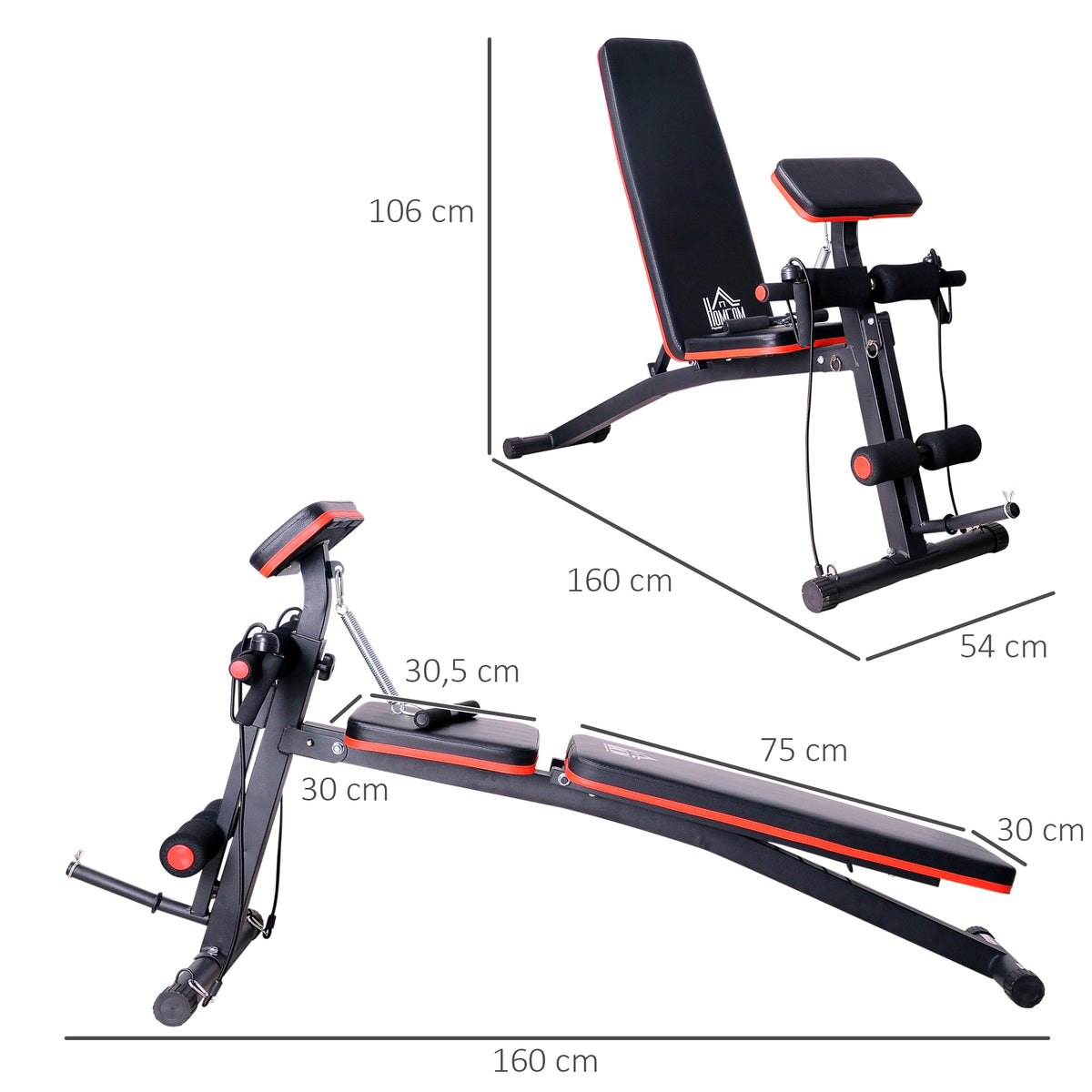 Banco de Musculação com Encosto Ajustável em 7 Posições Extensão de Pernas Apoio para Bíceps e Banda de Resistência para Treino Completo em Casa 54x160x106cm Preto e Vermelho — foto 3