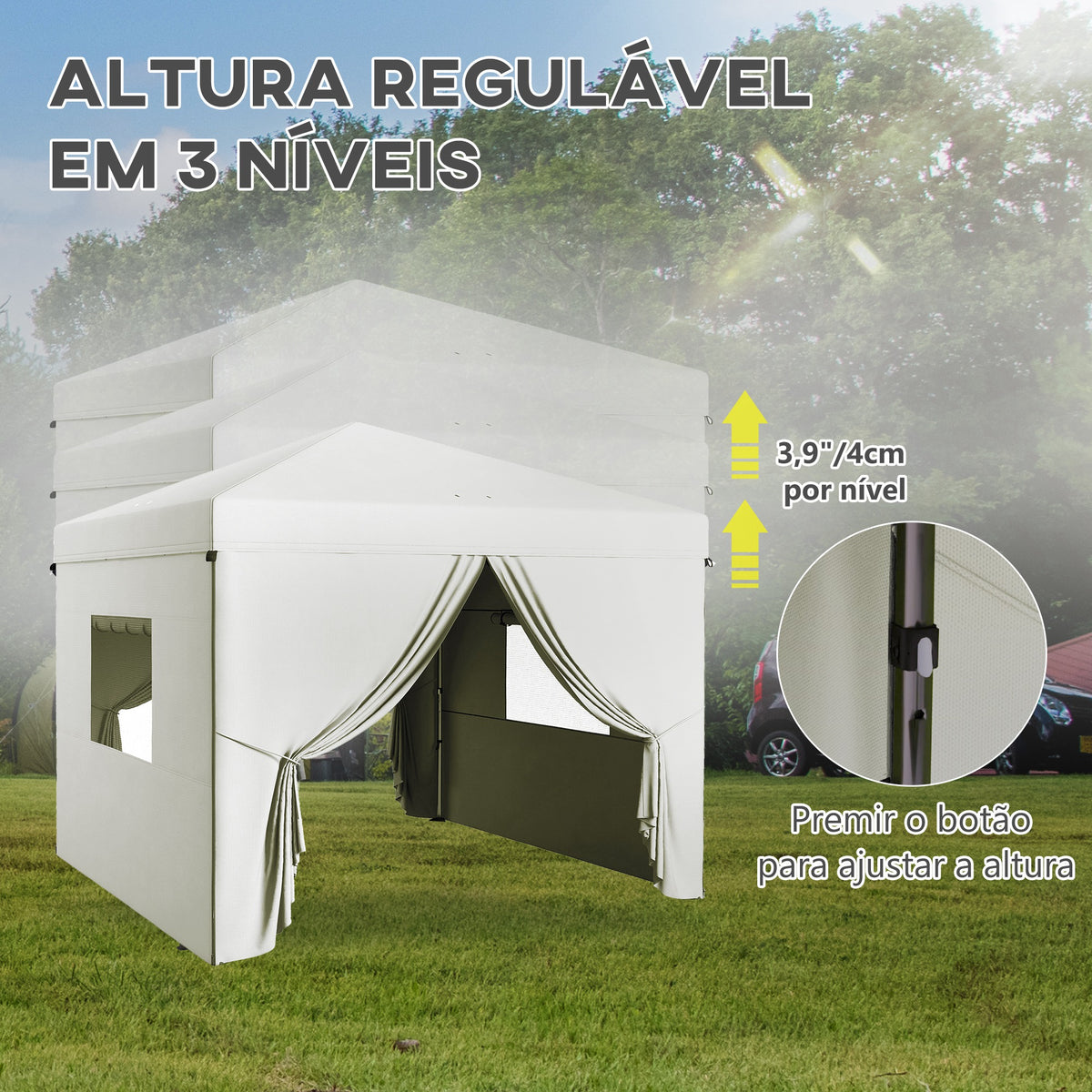 Tenda Dobrável 3x3 m Tenda de Jardim com 4 Paredes Laterais 2 Janelas de Malha Altura Ajustável Bolsa de Transporte Impermeável e Anti-UV para Campismo Festas Branco — foto 5