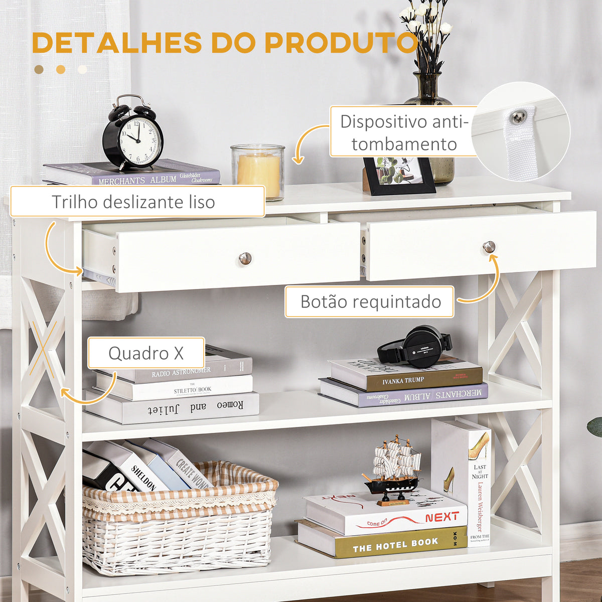 Mesa de console para Corredor com 2 gavetas e 2 prateleiras inferiores Móveis modernos Base elevada anti-inclinação 100x30.5x80 cm Branco — foto 5