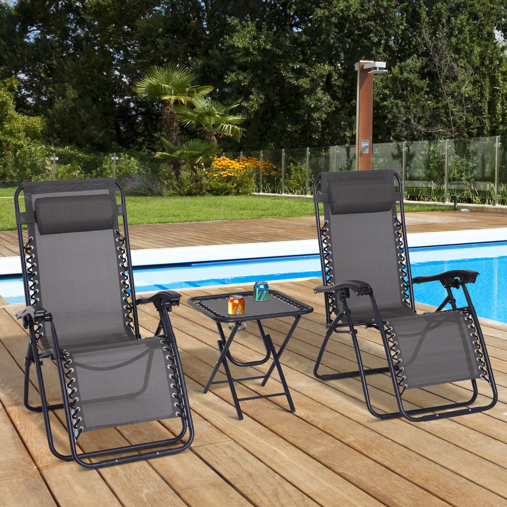 Conjunto de 1 Mesa e 2 Espreguiçadeiras Conjunto de Exterior Dobrável e Portátil para Jardim Praia Relaxante com Encosto Reclinável Textilene Aço Cinza — foto 2