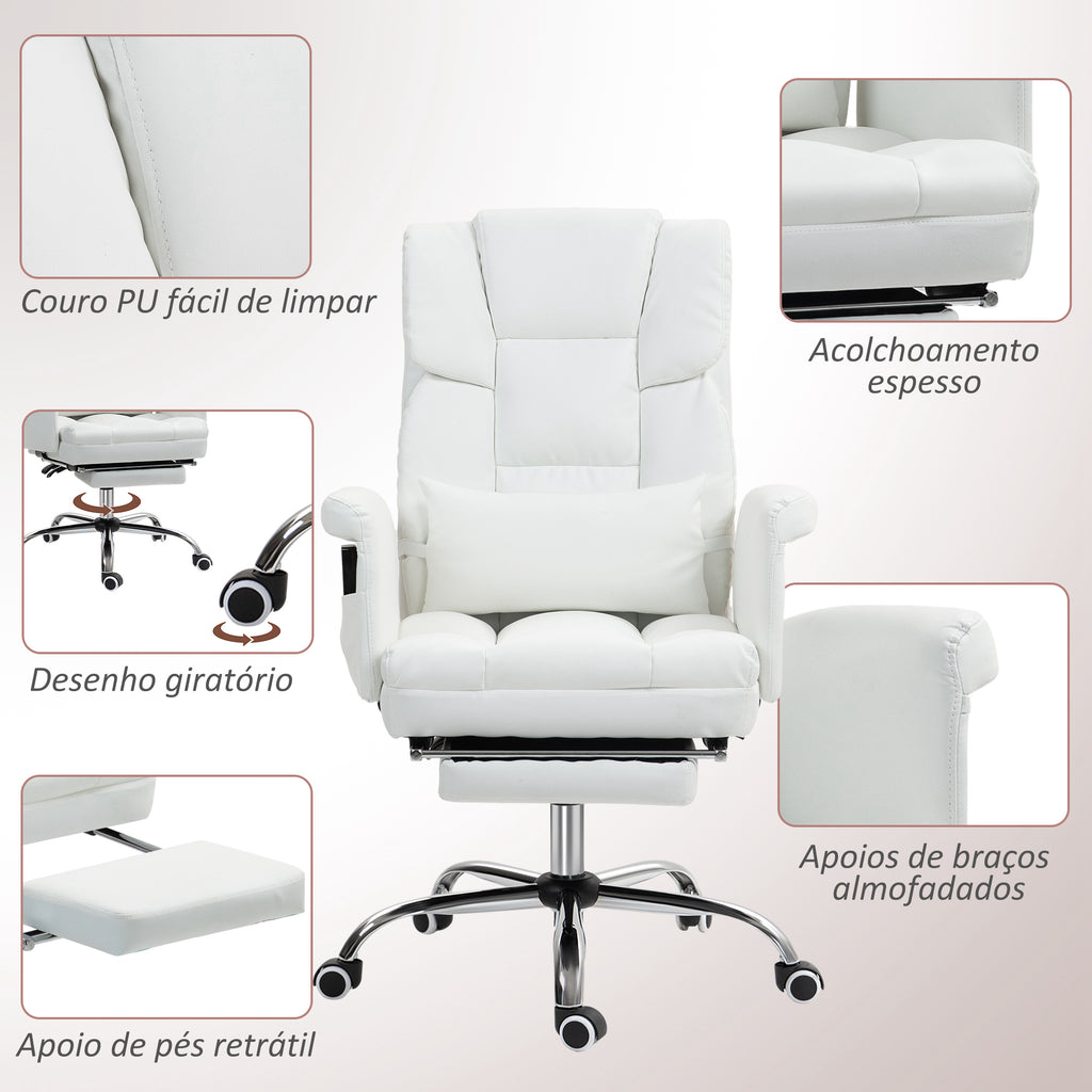 Cadeira de Massagem com 6 Pontos de Massagem Cadeira de Escritório com Apoio para os Pés Retrátil Altura Ajustável Controlo Remoto e Suporte Lombar Estofado em PU 69x65x107-115 cm Branco — foto 8