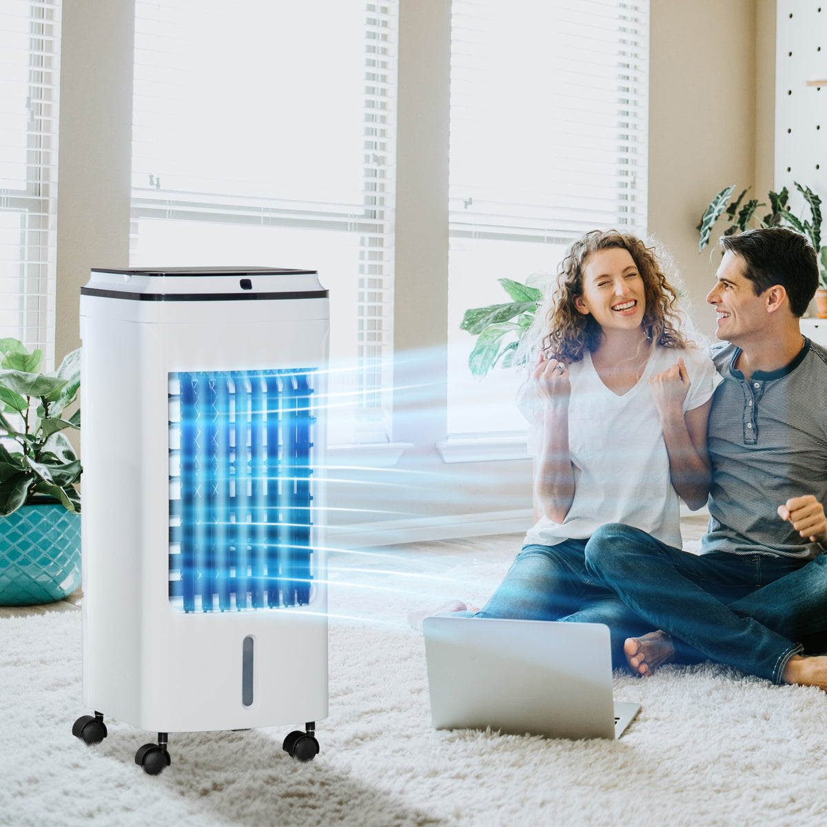 Climatizador com Rodas Ventoinha Humidificador com Depósito de 4L Controle Remoto 3 Modos 3 Velocidades Temporizador 7,5h e Tela LED Tátil 24,5x28x59cm Branco — foto 2